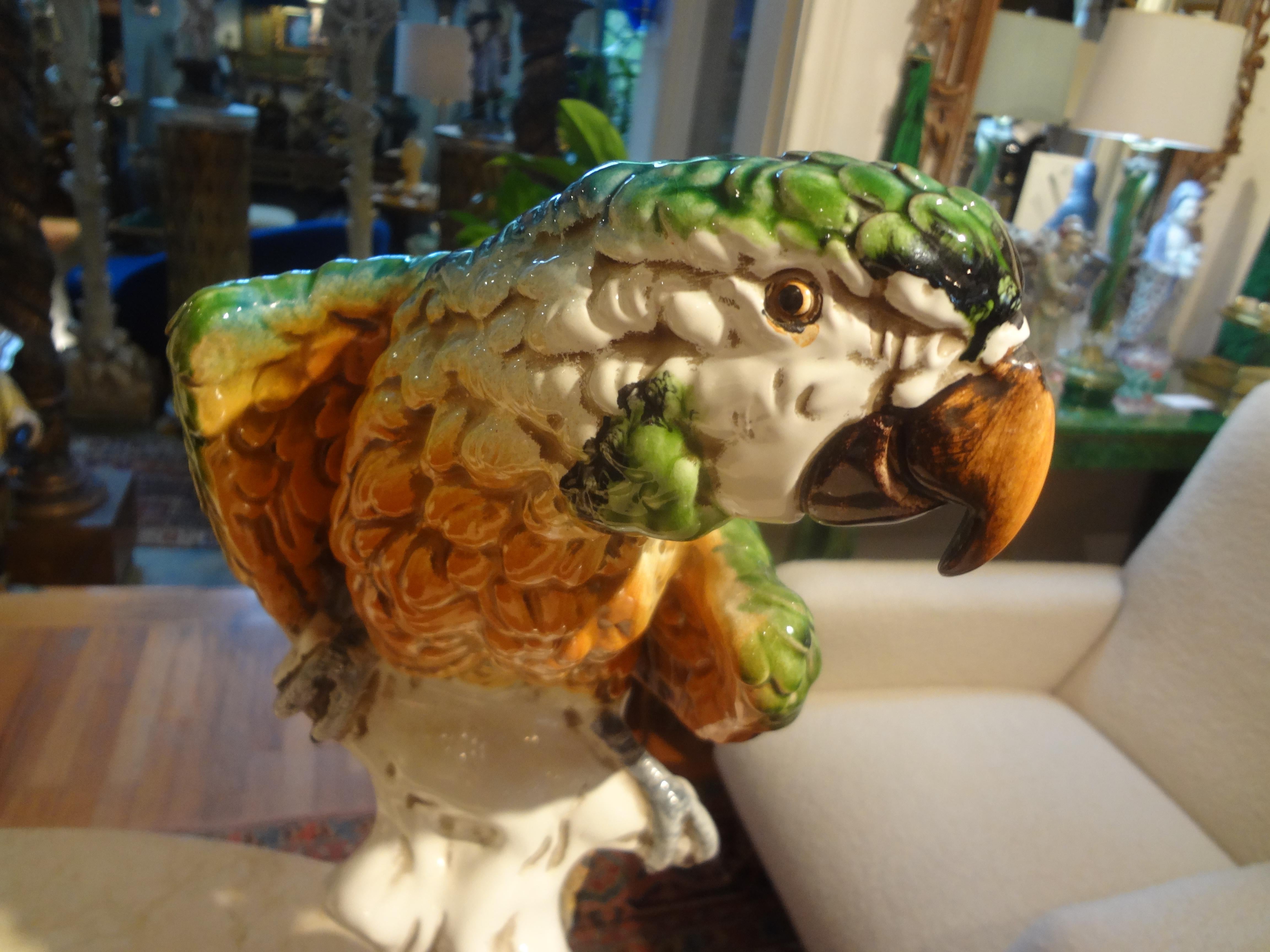 Pair of Italian Glazed Terracotta Parrot Statues For Sale 3