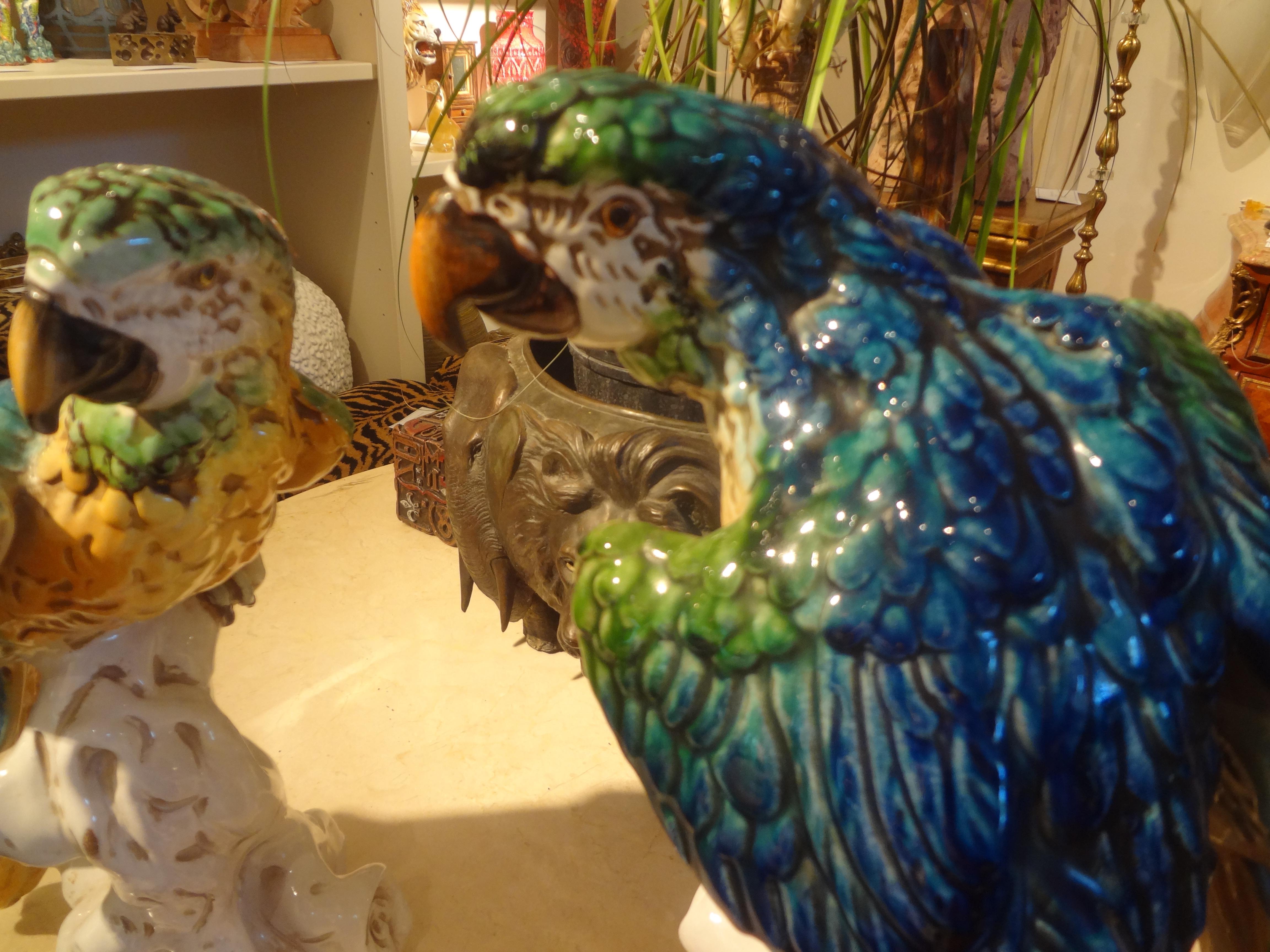 Pair of Italian Glazed Terracotta Parrot Statues For Sale 4
