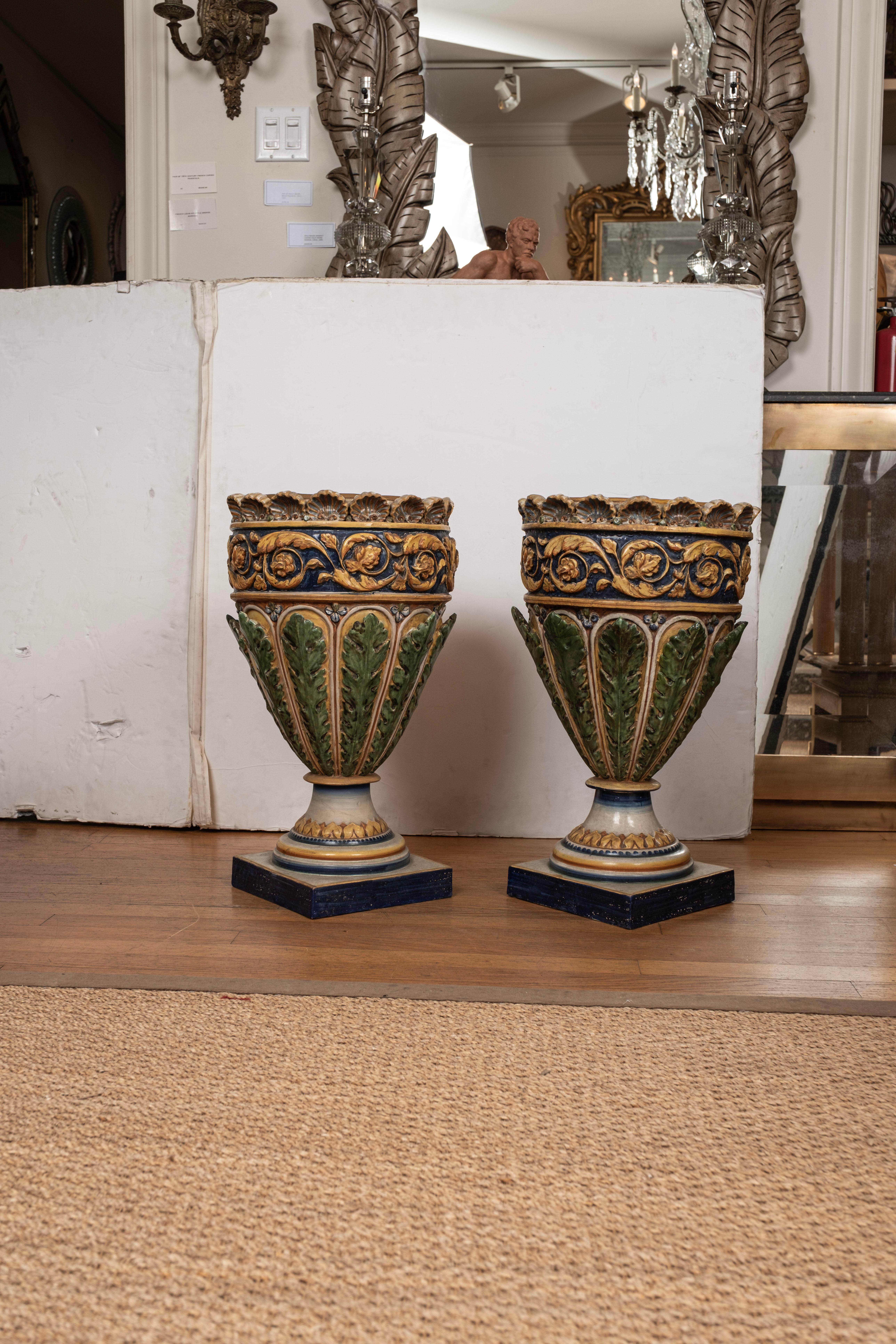Art Deco Pair of Italian Glazed Terracotta Urns or Planters For Sale