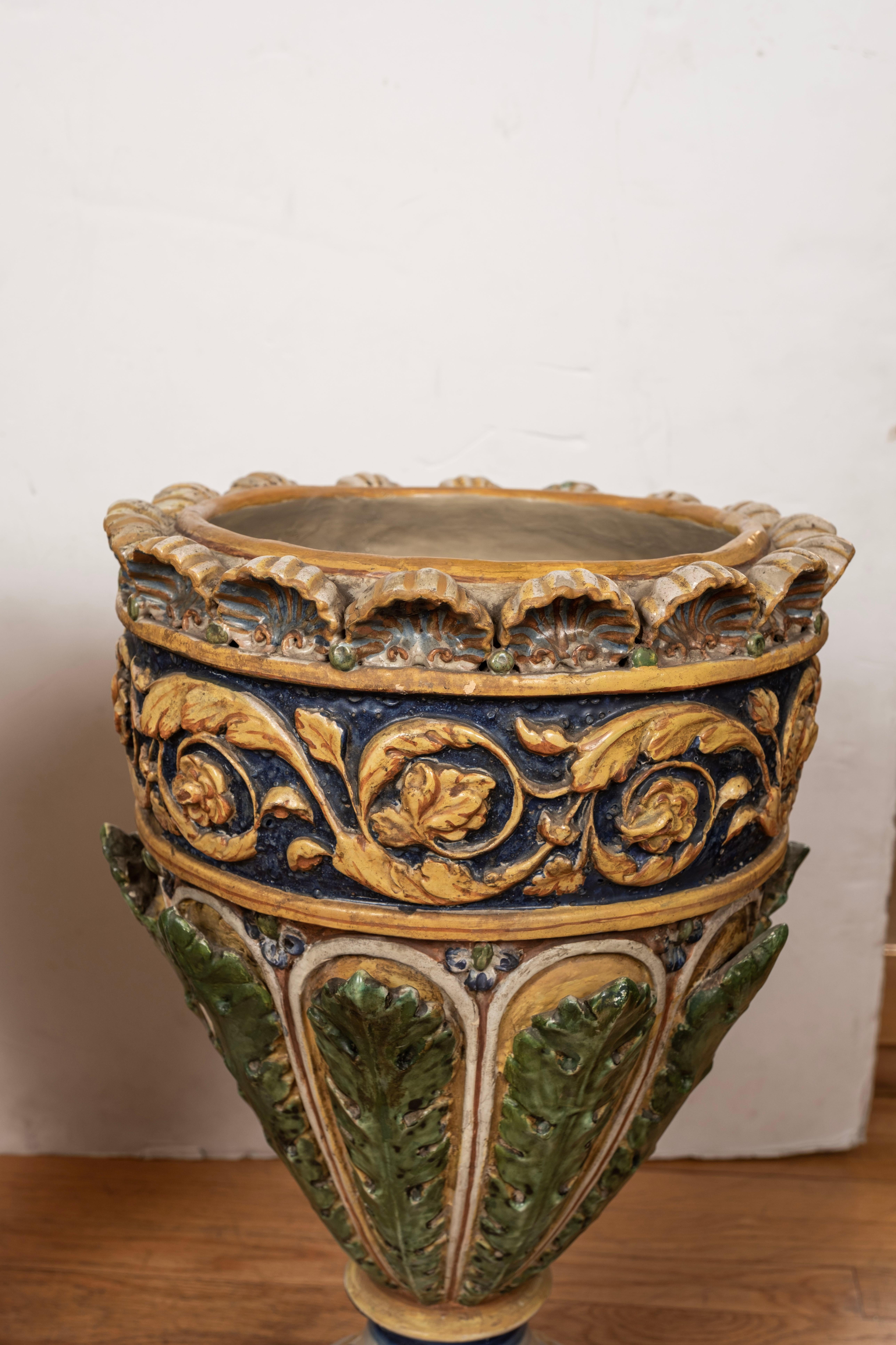 Pair of Italian Glazed Terracotta Urns or Planters In Good Condition For Sale In Houston, TX