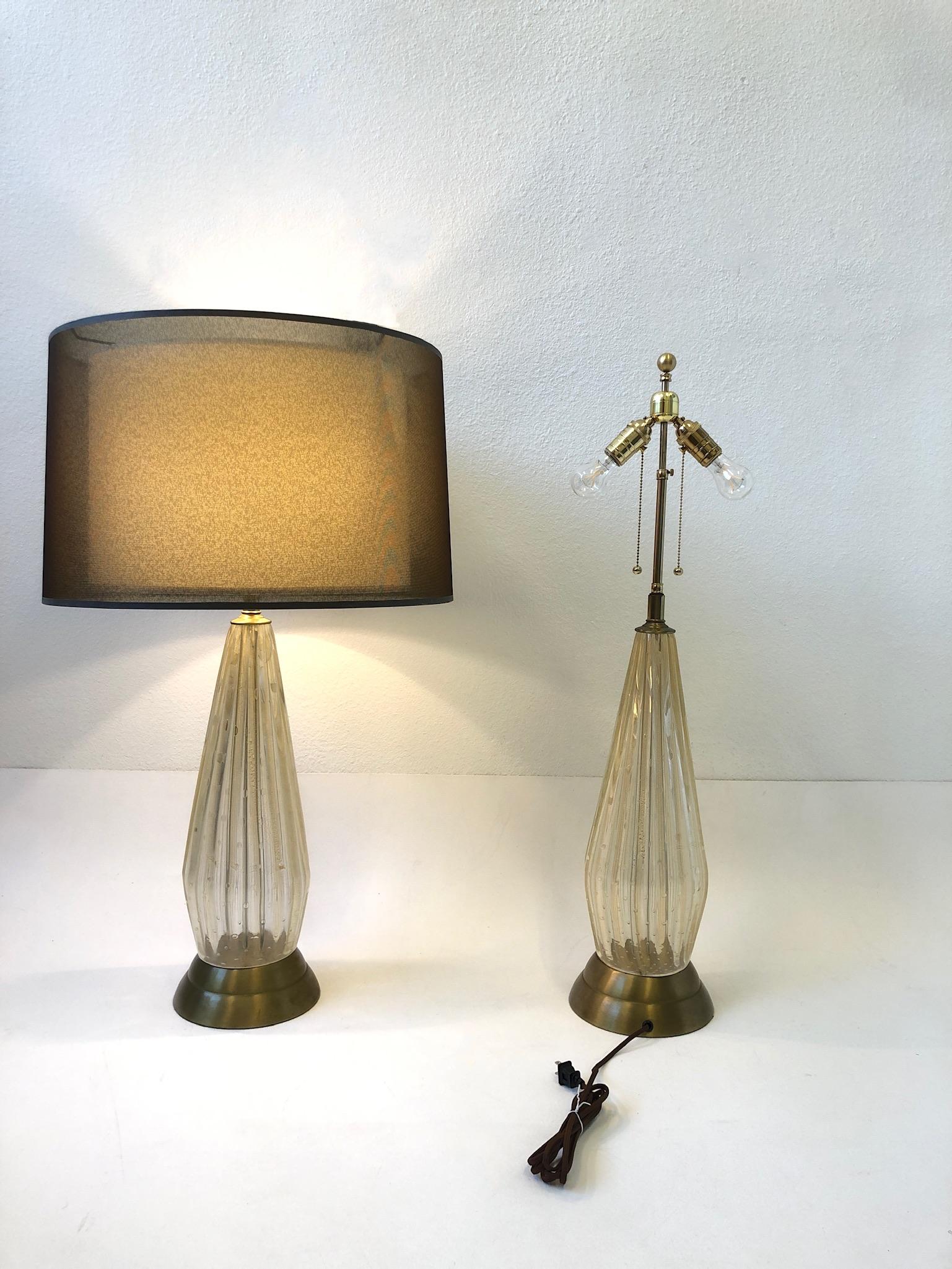 Modern Pair of Italian Gold Dust Murano Glass and Brass Table Lamps by Marbro Lamp Co. 