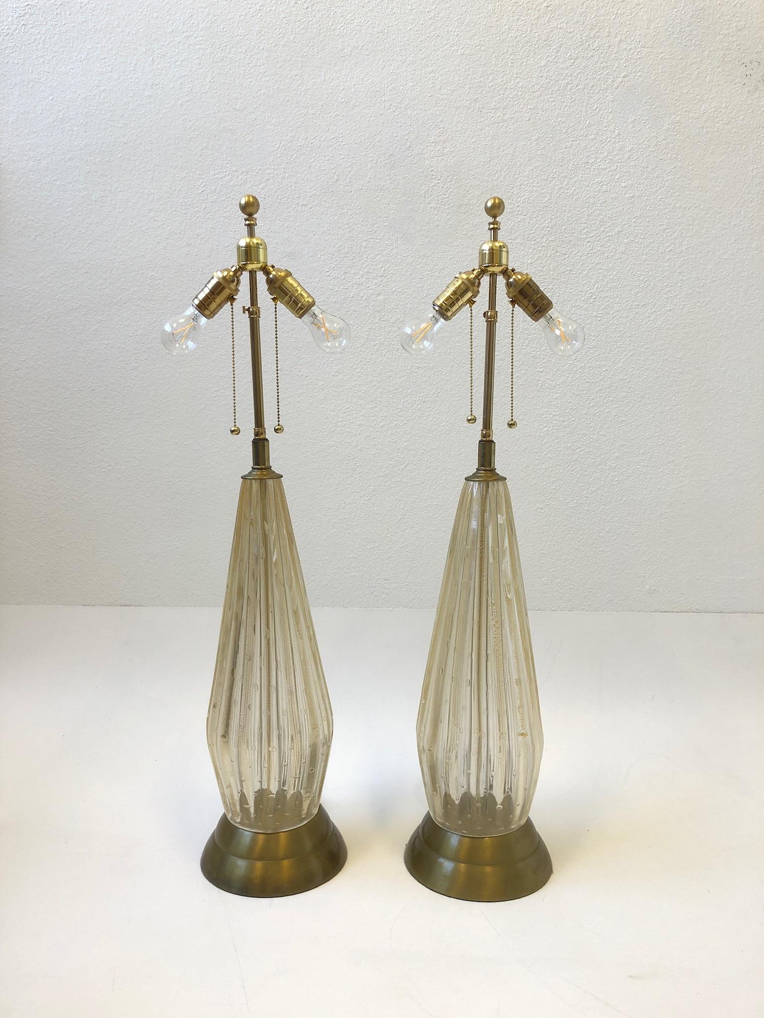 Pair of Italian Gold Dust Murano Glass and Brass Table Lamps by Marbro Lamp Co.  In Good Condition In Palm Springs, CA