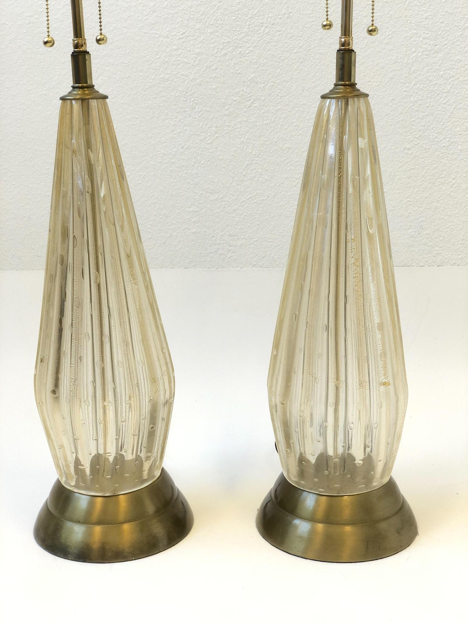 Mid-20th Century Pair of Italian Gold Dust Murano Glass and Brass Table Lamps by Marbro Lamp Co. 