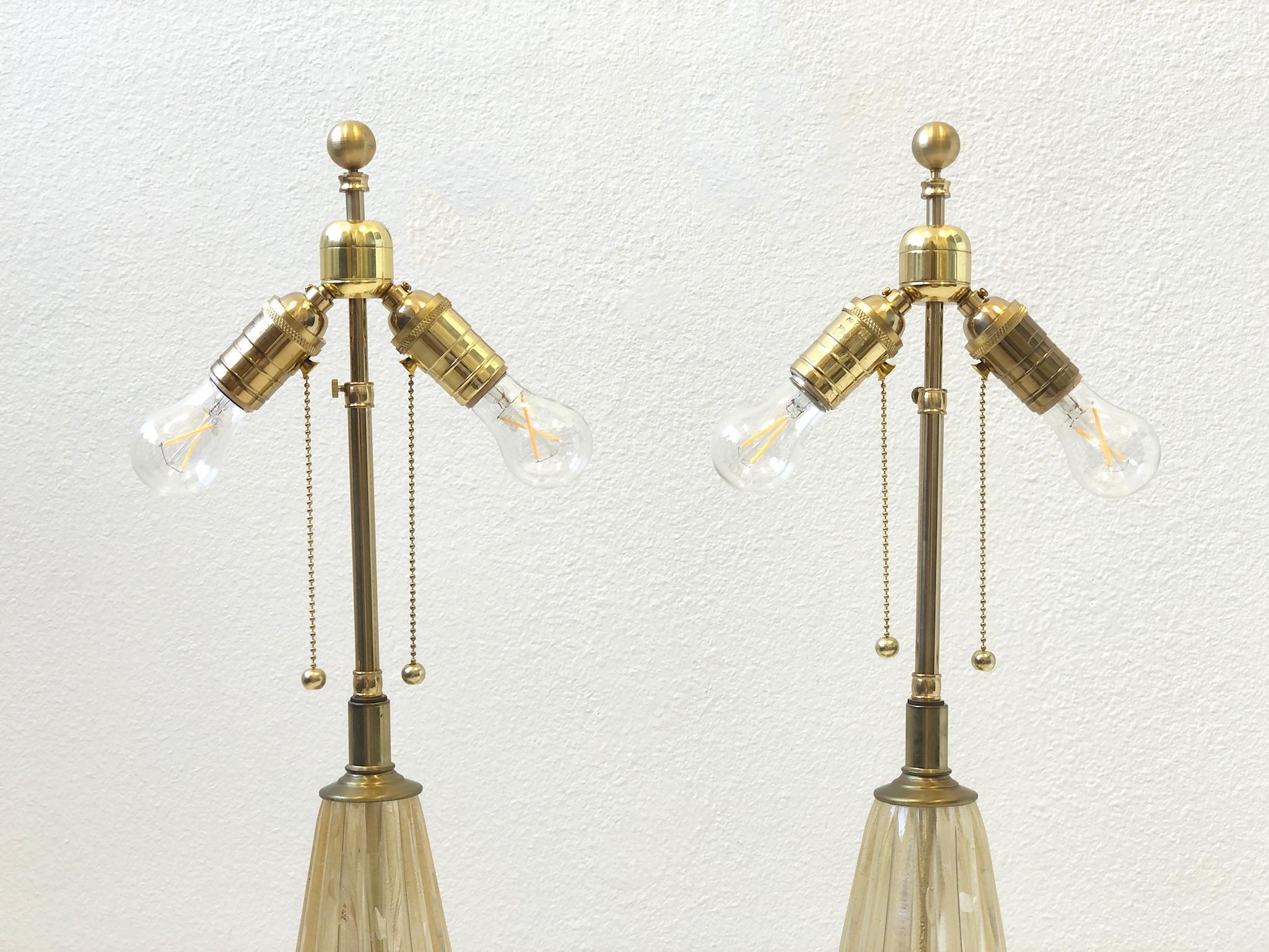 Pair of Italian Gold Dust Murano Glass and Brass Table Lamps by Marbro Lamp Co.  1