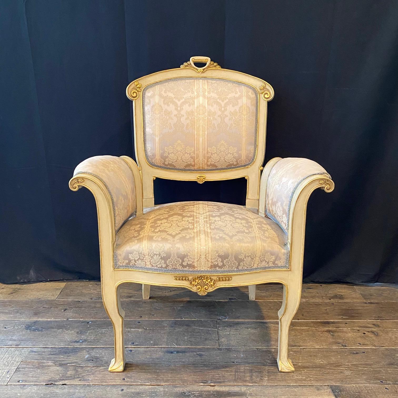 Mid-20th Century Pair of Italian Gold Gilt and Cream Art Nouveau Club Chairs with Footstools  For Sale