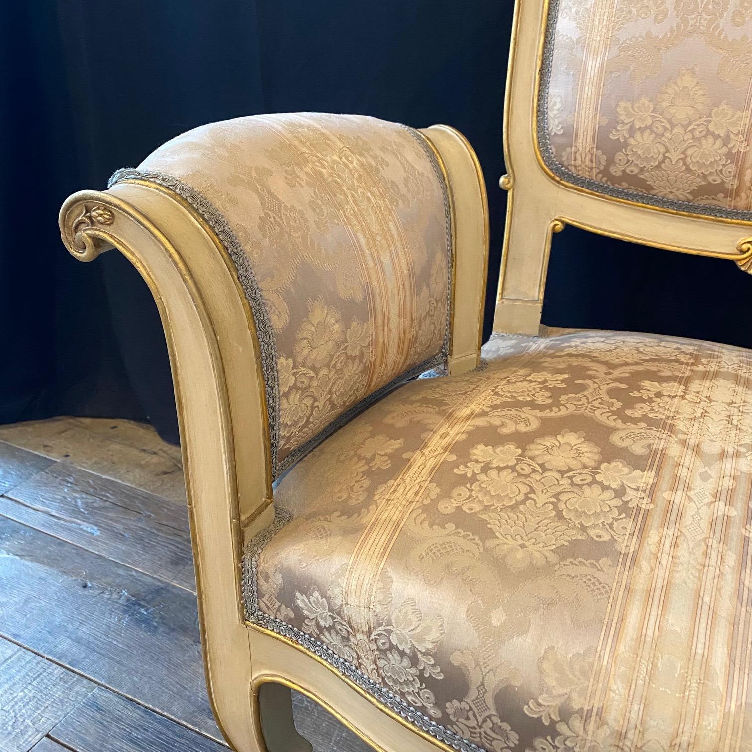 Upholstery Pair of Italian Gold Gilt and Cream Art Nouveau Club Chairs with Footstools  For Sale