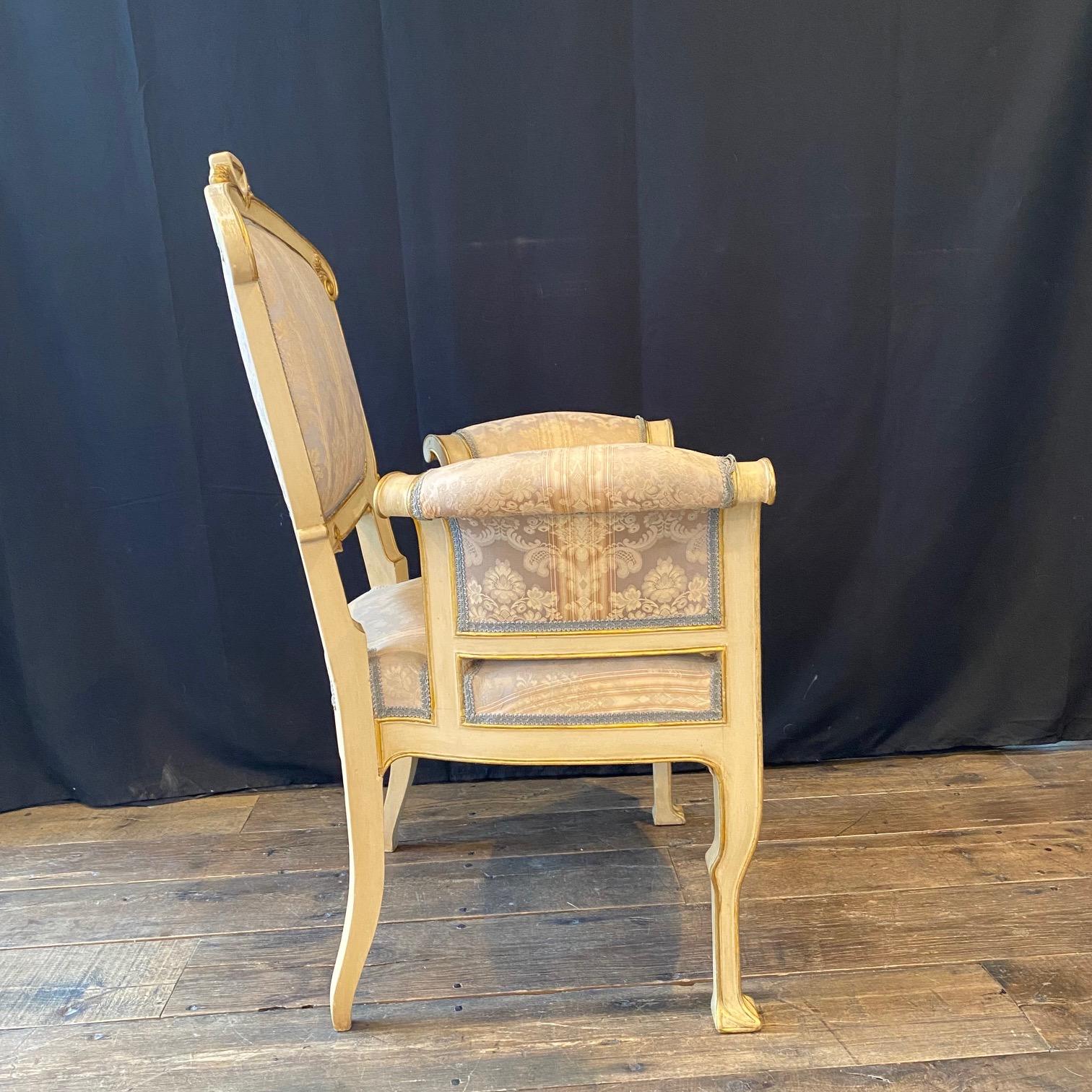 Pair of Italian Gold Gilt and Cream Art Nouveau Club Chairs with Footstools For Sale 4