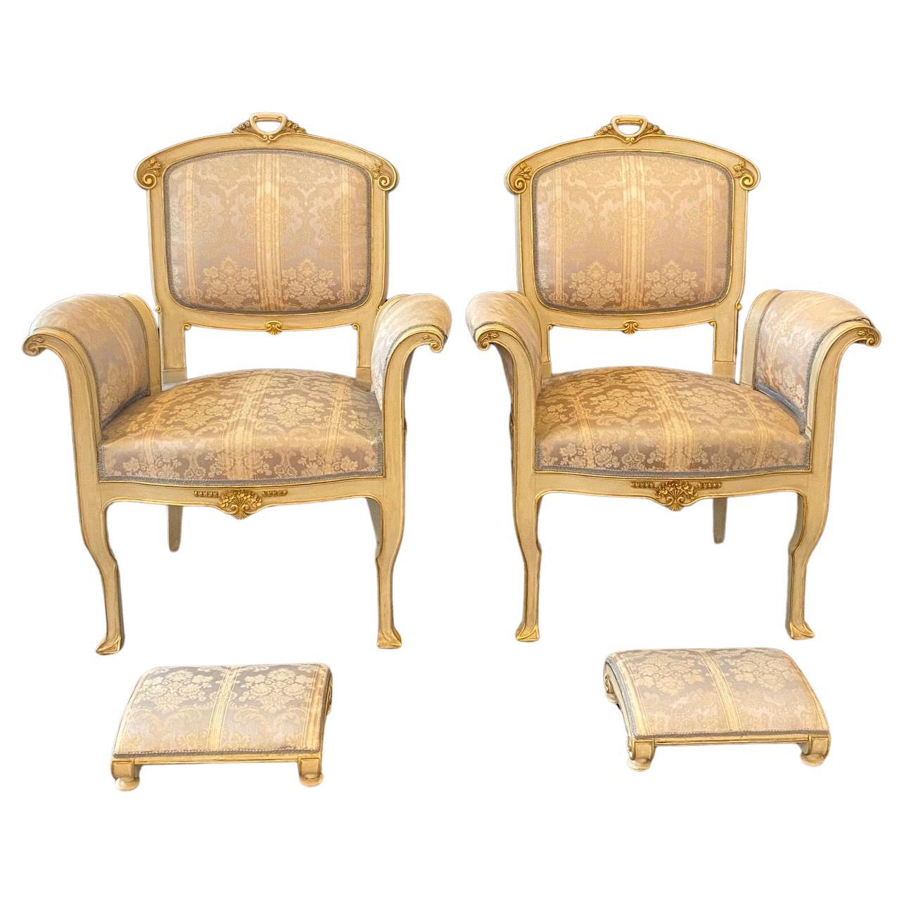 Pair of Italian Gold Gilt and Cream Art Nouveau Club Chairs with Footstools  For Sale
