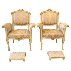Pair of Italian Gold Gilt and Cream Art Nouveau Club Chairs with Footstools 