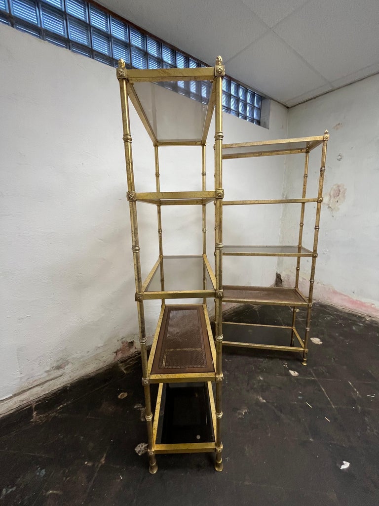 Pair of Gilt Metal Etageres with Pineapple Finials & Glass Shelves Pair of Gilt Metal Etageres with Pineapple Finials & Glass Shelves