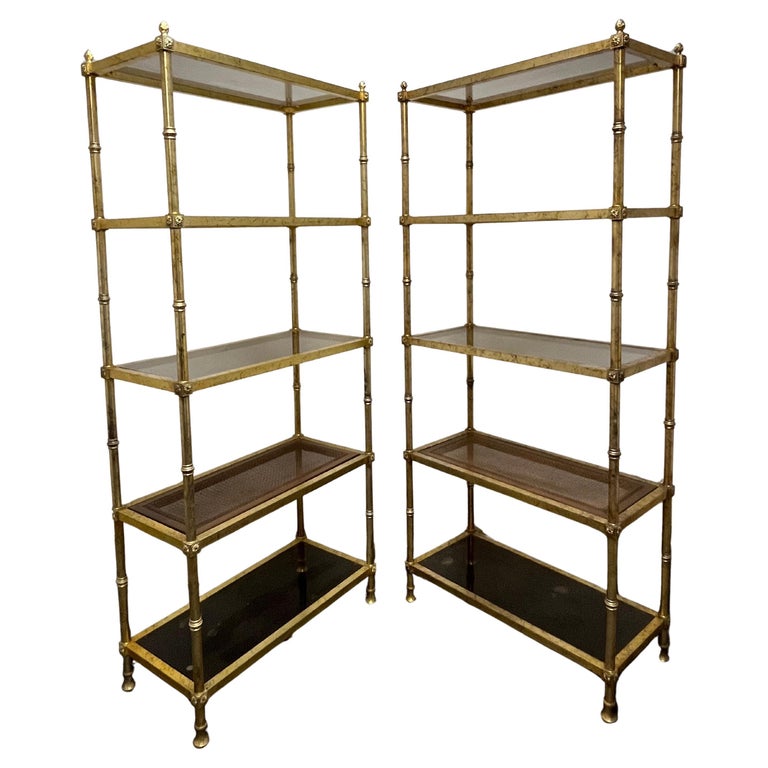 Pair of Gilt Metal Etageres with Pineapple Finials & Glass Shelves Pair of Gilt Metal Etageres with Pineapple Finials & Glass Shelves