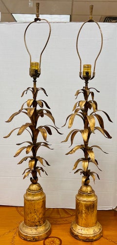 Pair of Italian Gold Gilt Metal Leaf Lamps with Gold Shades