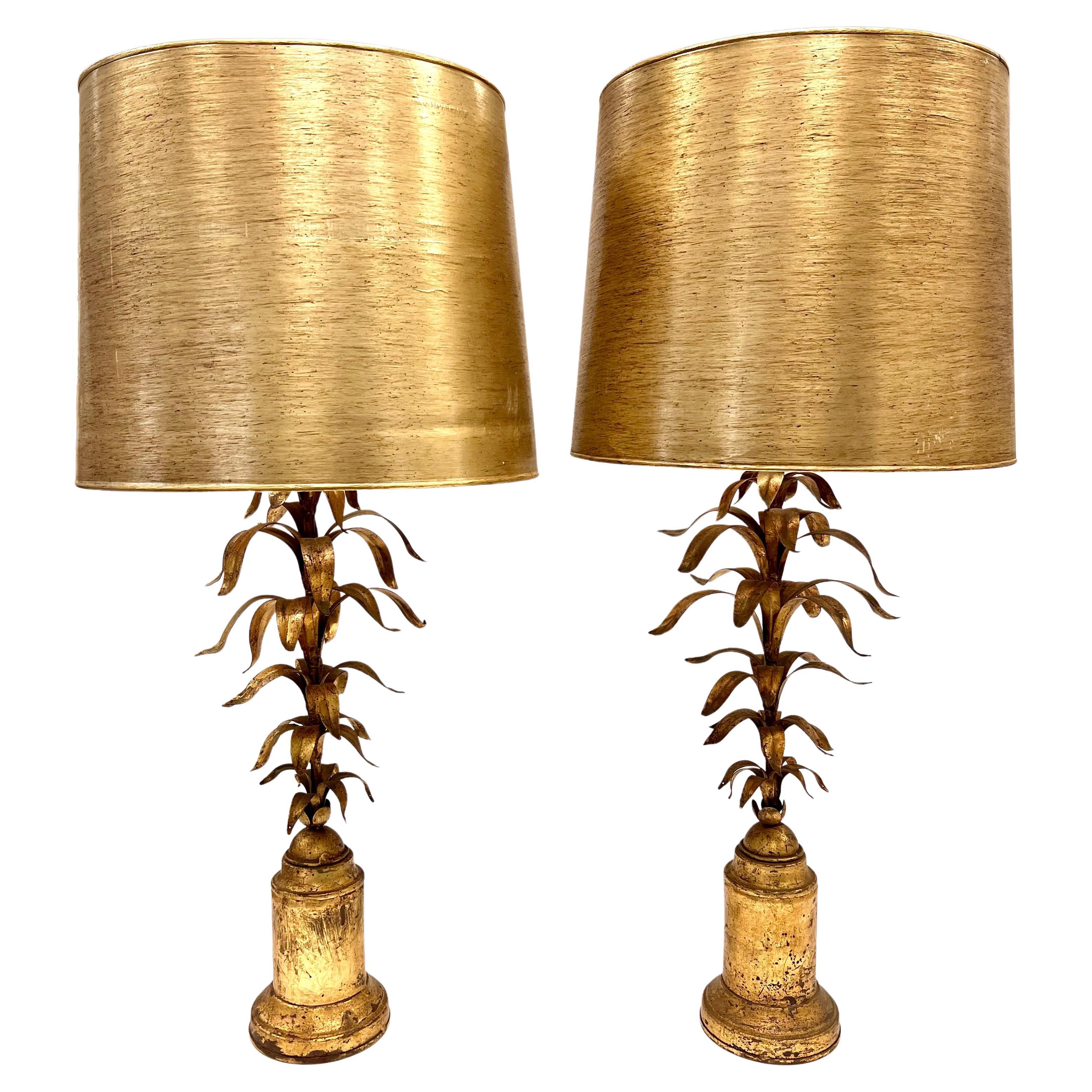 Pair of Italian Gold Gilt Metal Leaf Lamps with Gold Shades