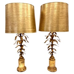Vintage Pair of Italian Gold Gilt Metal Leaf Lamps with Gold Shades