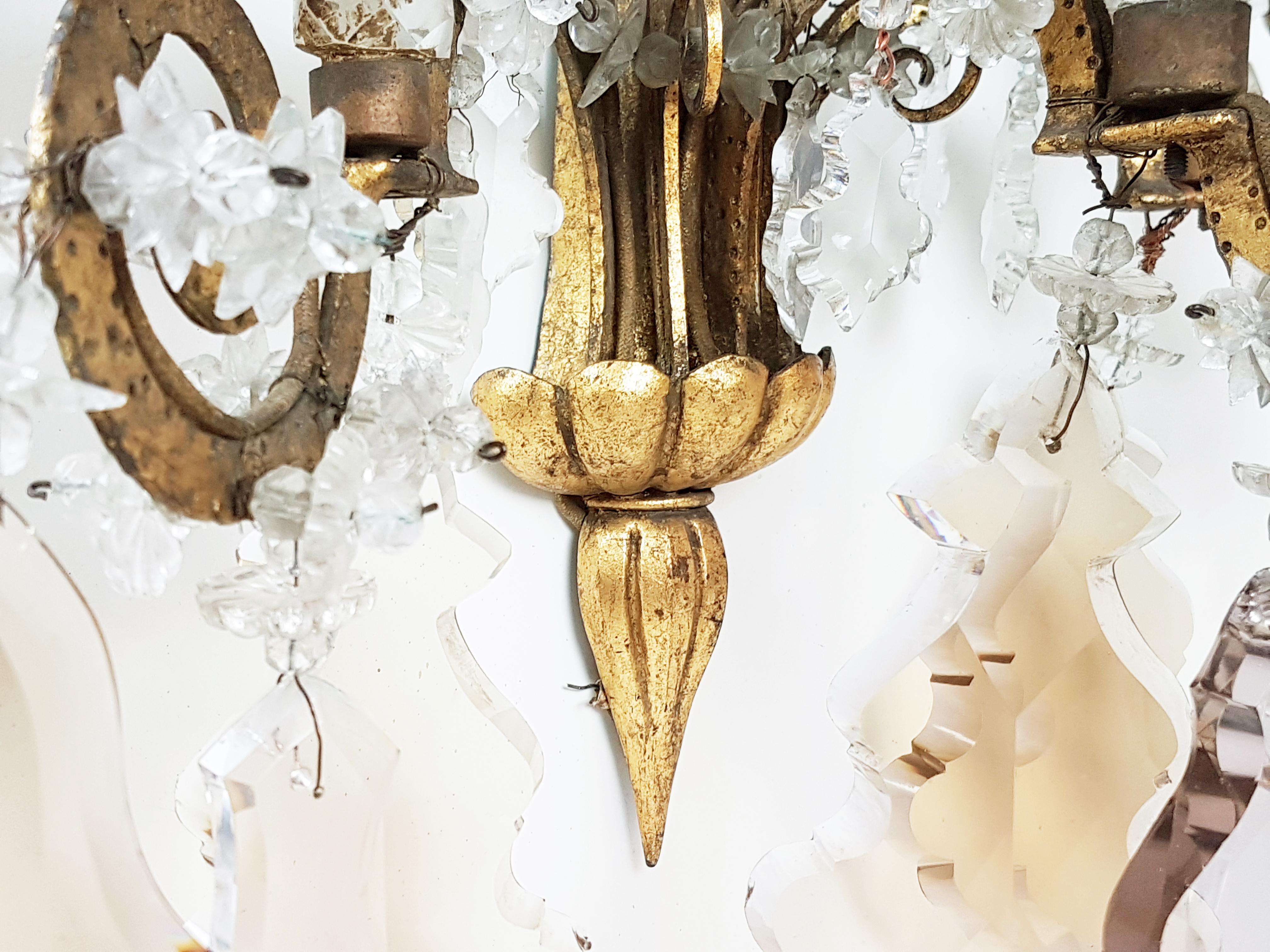 Pair of Italian Gold Leaf Metal and Faceted Crystal Deco Sconces For Sale 6