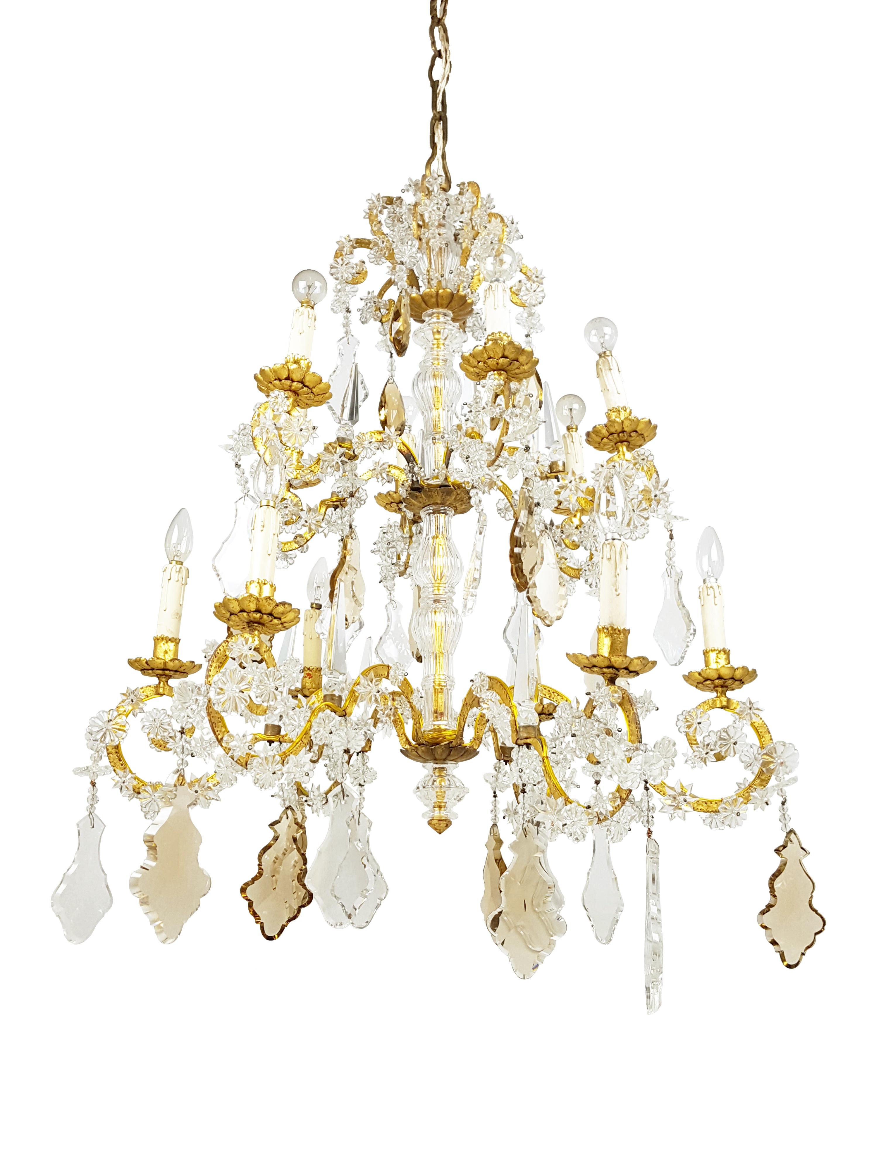 Pair of Italian Gold Leaf Metal and Faceted Crystal Deco Sconces For Sale 7