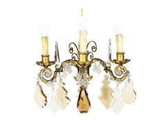 Pair of Italian Gold Leaf Metal and Faceted Crystal Deco Sconces