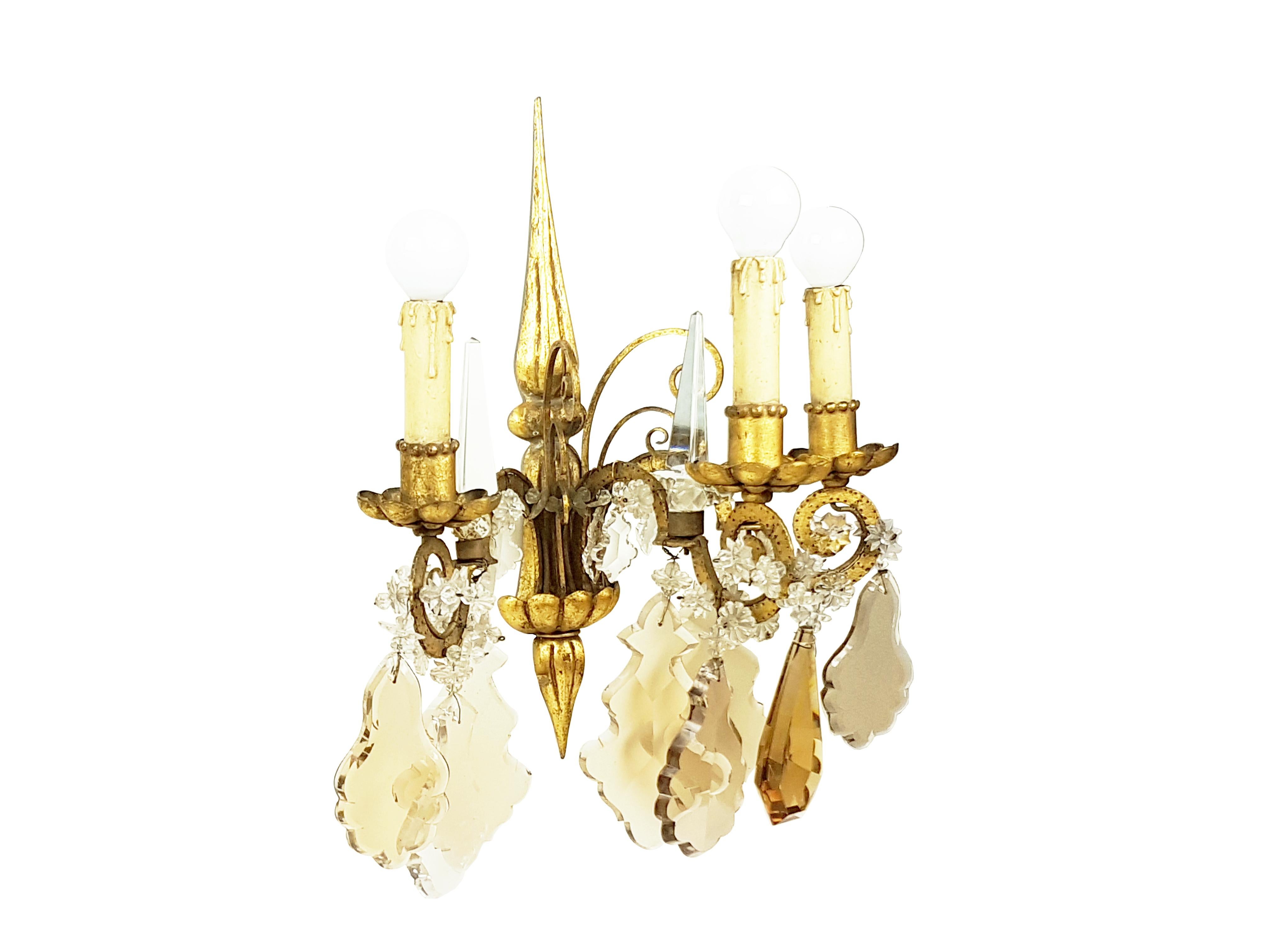 Gilt Pair of Italian Gold Leaf Metal and Faceted Crystal Deco Sconces For Sale