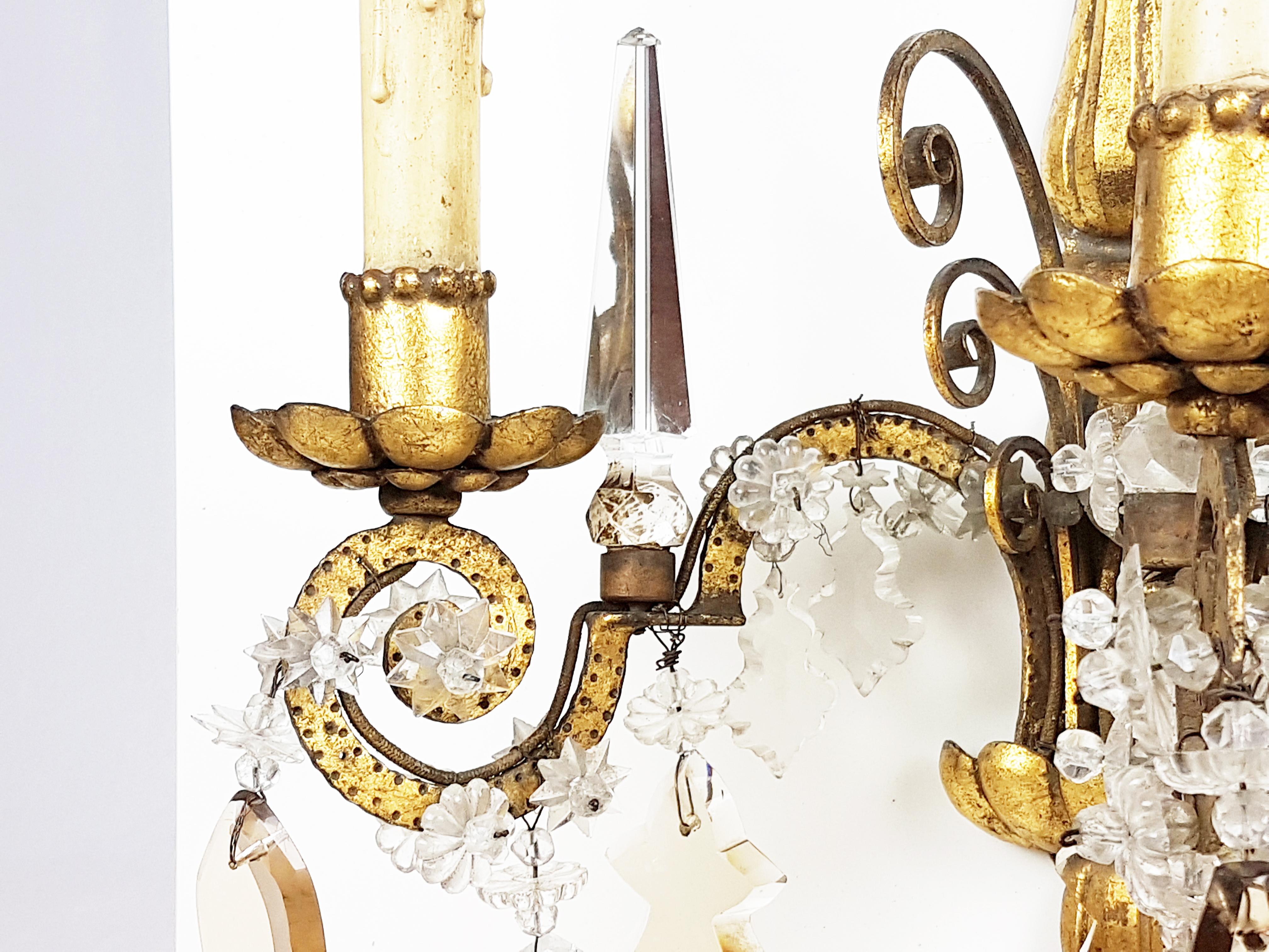 Mid-20th Century Pair of Italian Gold Leaf Metal and Faceted Crystal Deco Sconces For Sale