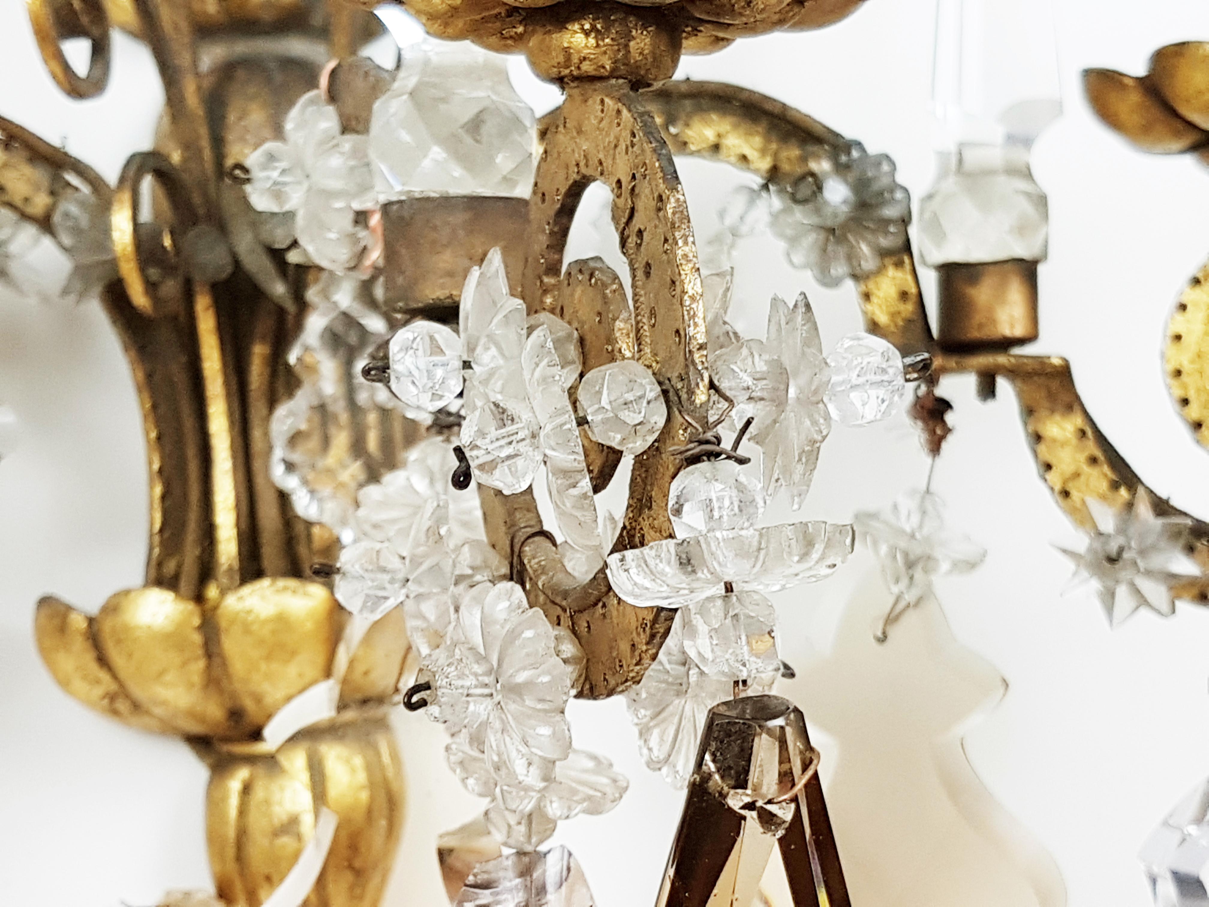 Pair of Italian Gold Leaf Metal and Faceted Crystal Deco Sconces For Sale 2