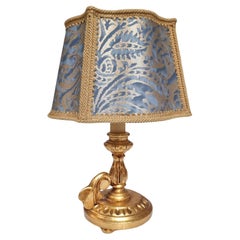 Pair of Italian Gold Leaf Wooden Candlestick Table Lamps with Fortuny Lampshades