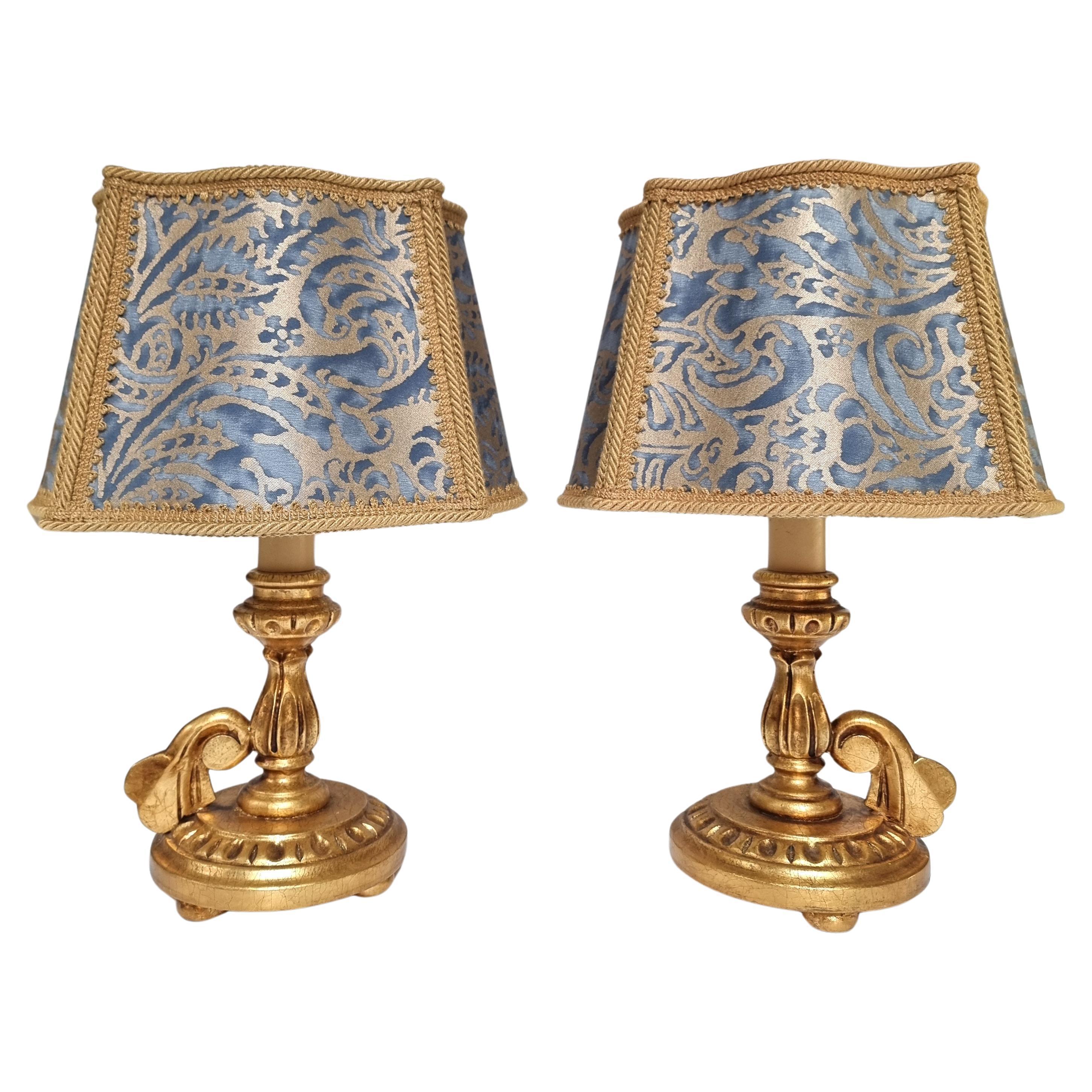Pair of Italian Gold Leaf Wooden Candlestick Table Lamps with Fortuny Lampshades For Sale 13
