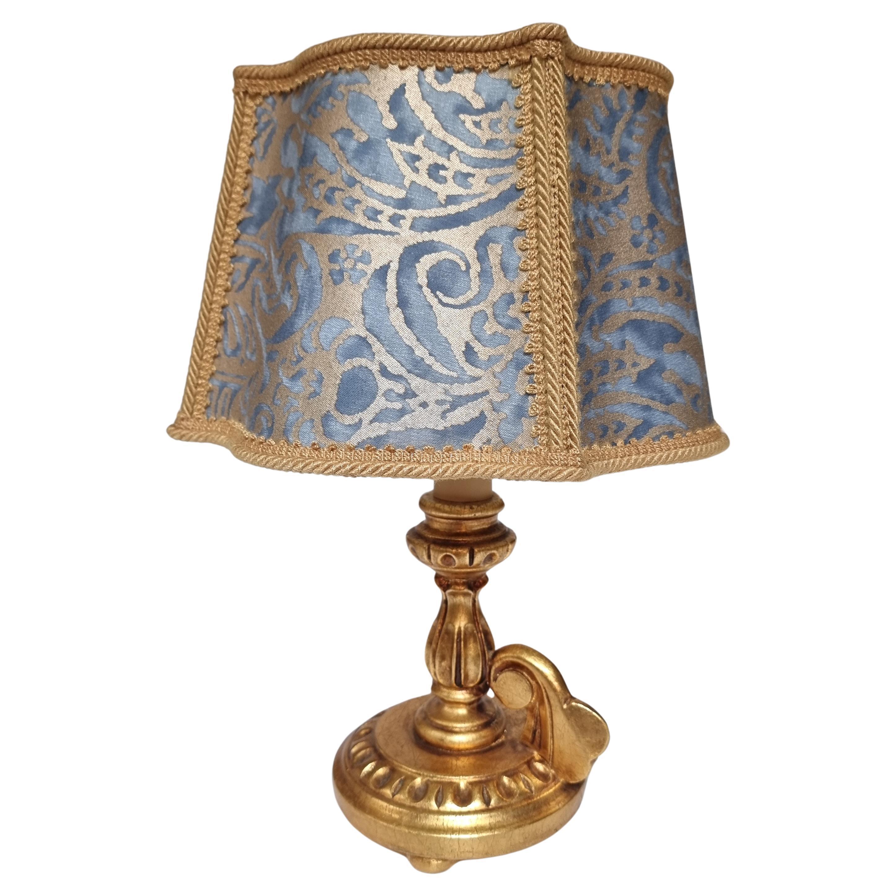 Fabric Pair of Italian Gold Leaf Wooden Candlestick Table Lamps with Fortuny Lampshades For Sale
