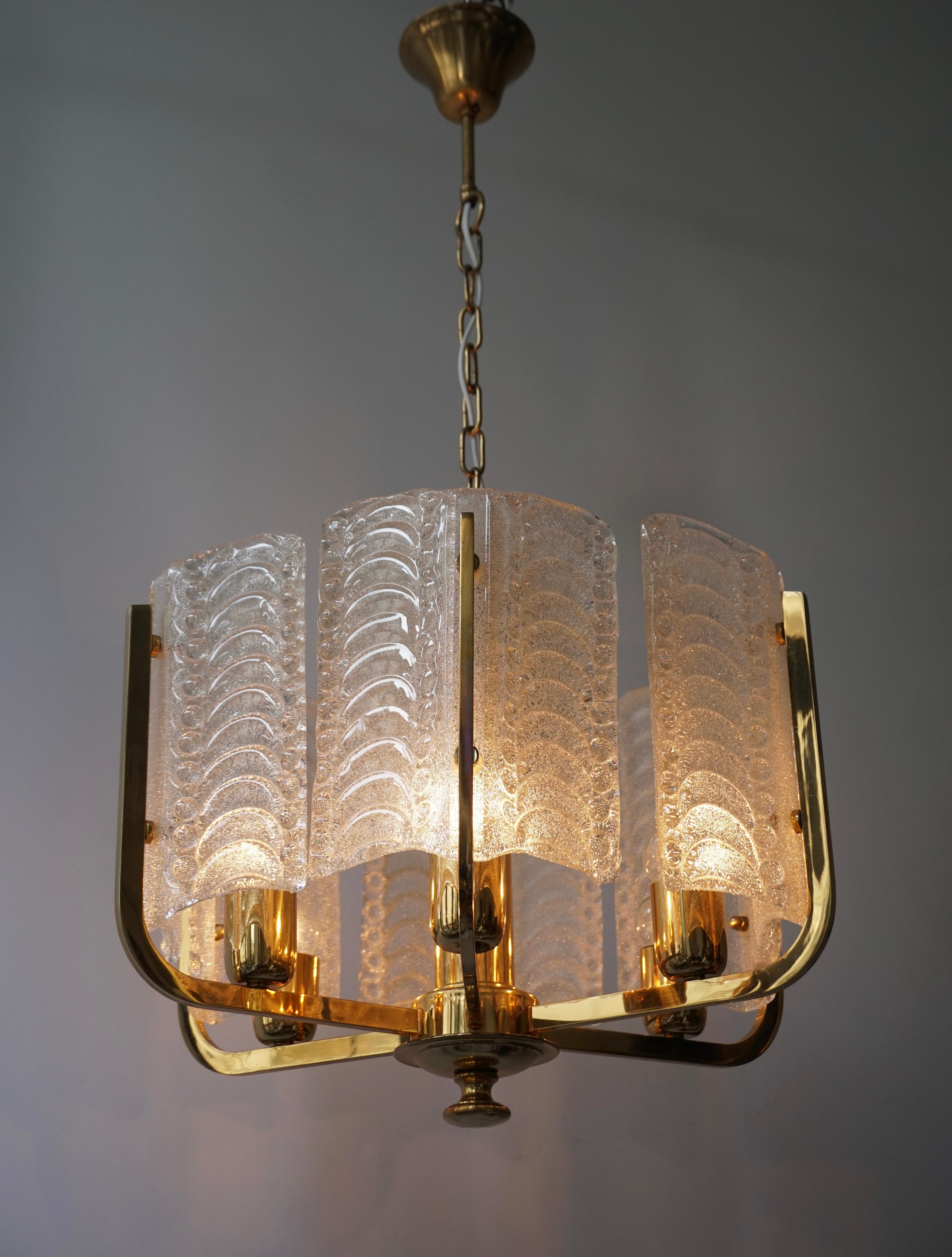 One Italian Golden Brass and Murano Glass Pendant Light For Sale 4