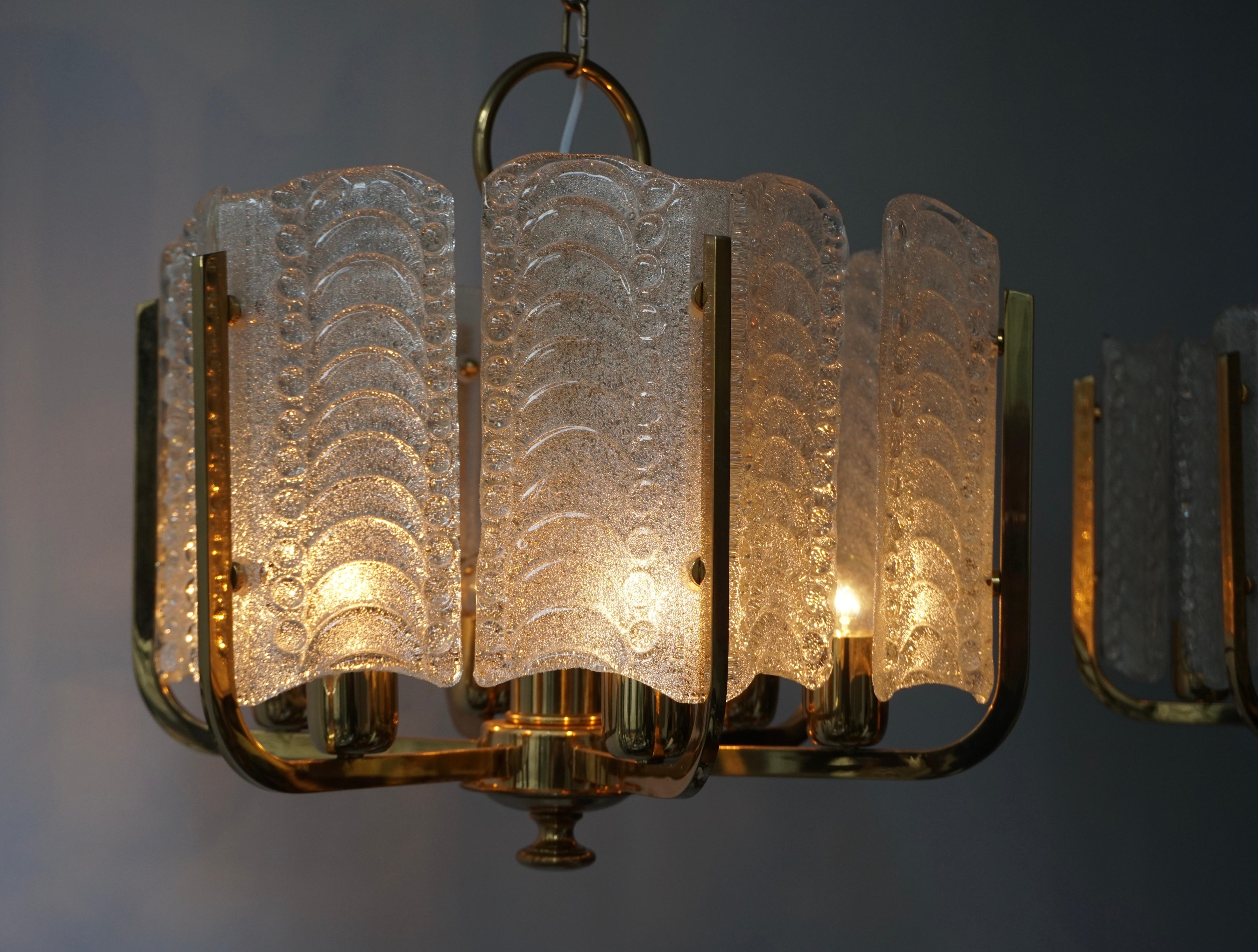 One Italian Golden Brass and Murano Glass Pendant Light For Sale 5