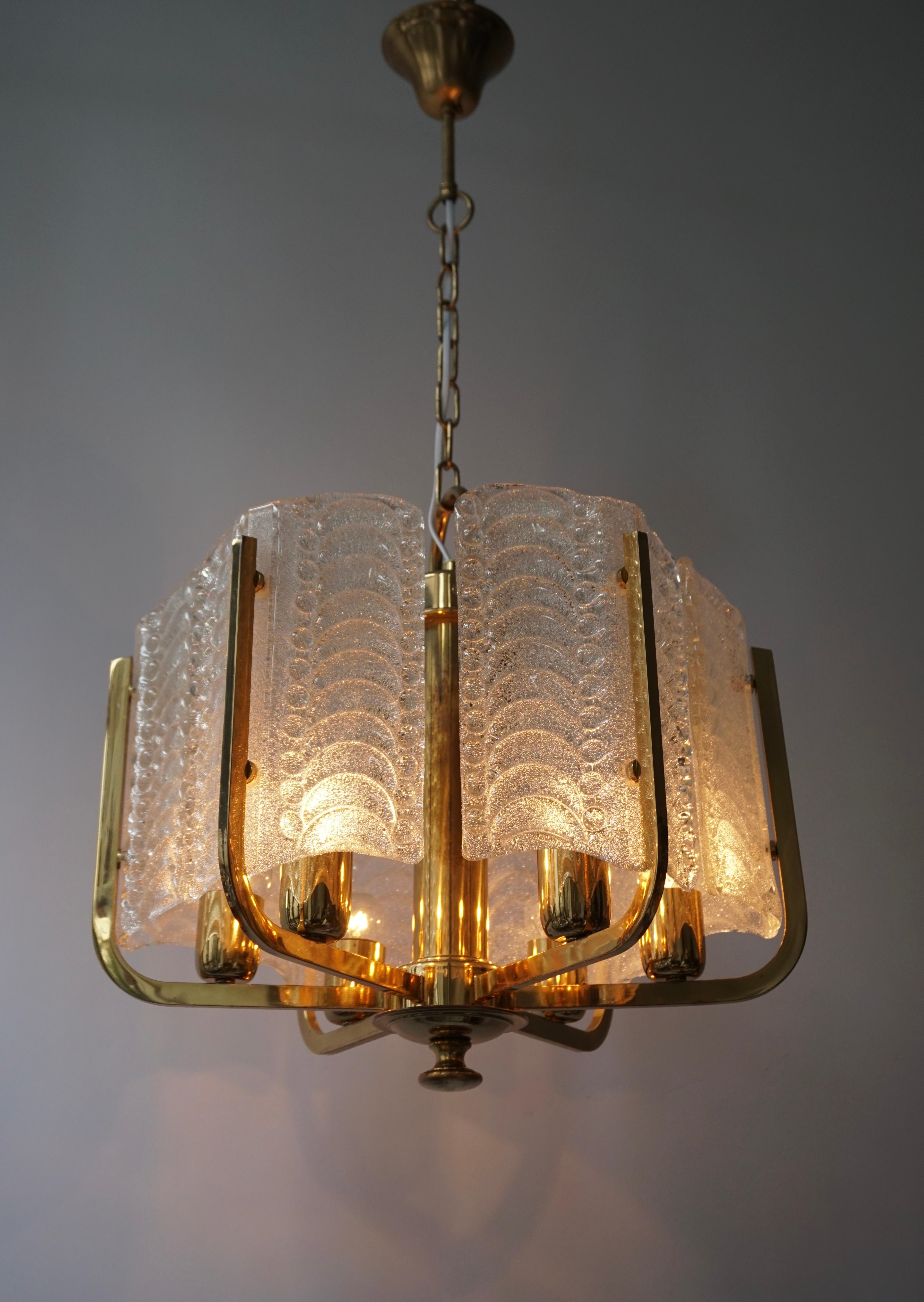 One Italian Golden Brass and Murano Glass Pendant Light For Sale 7