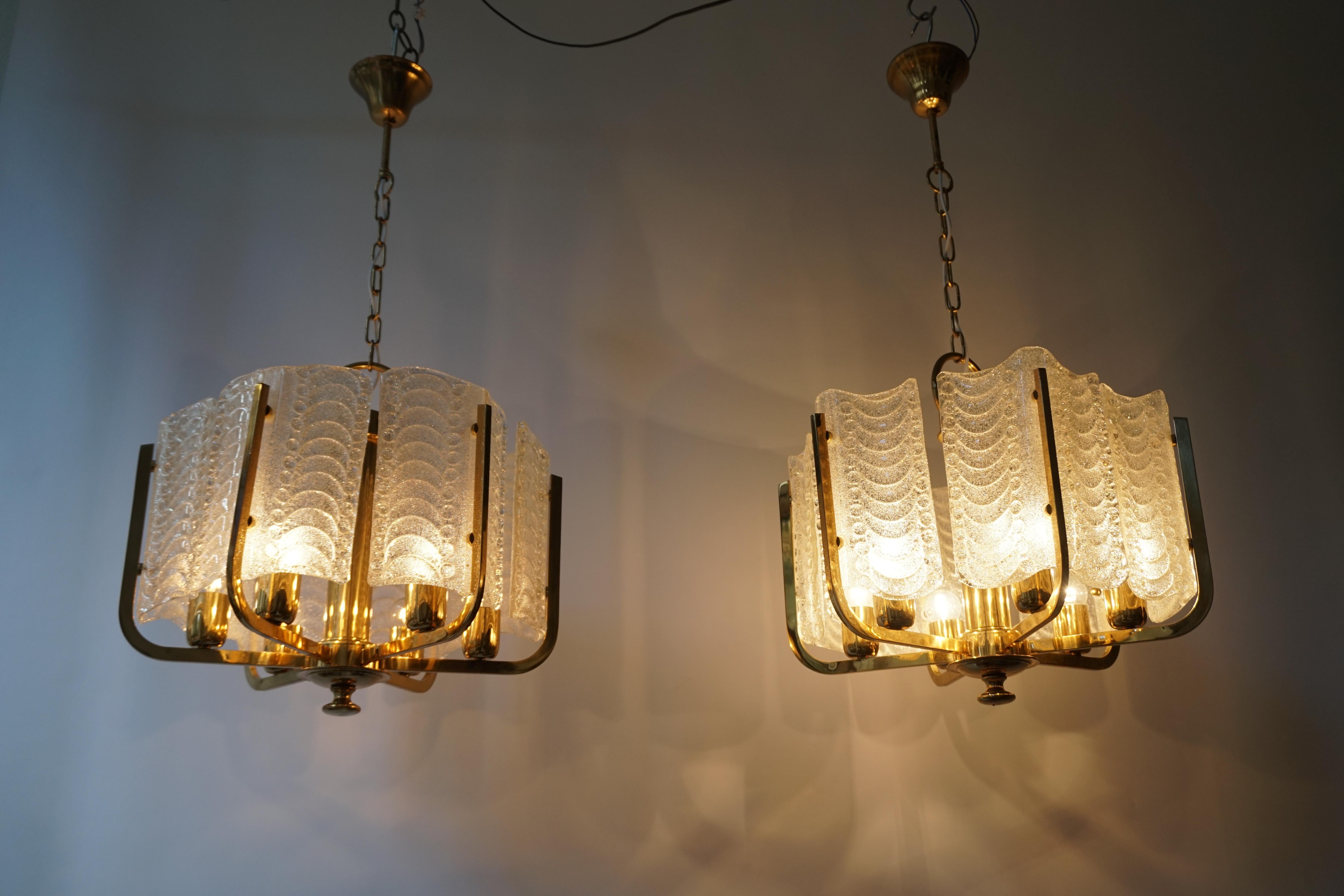 One Italian Golden Brass and Murano Glass Pendant Light For Sale 8