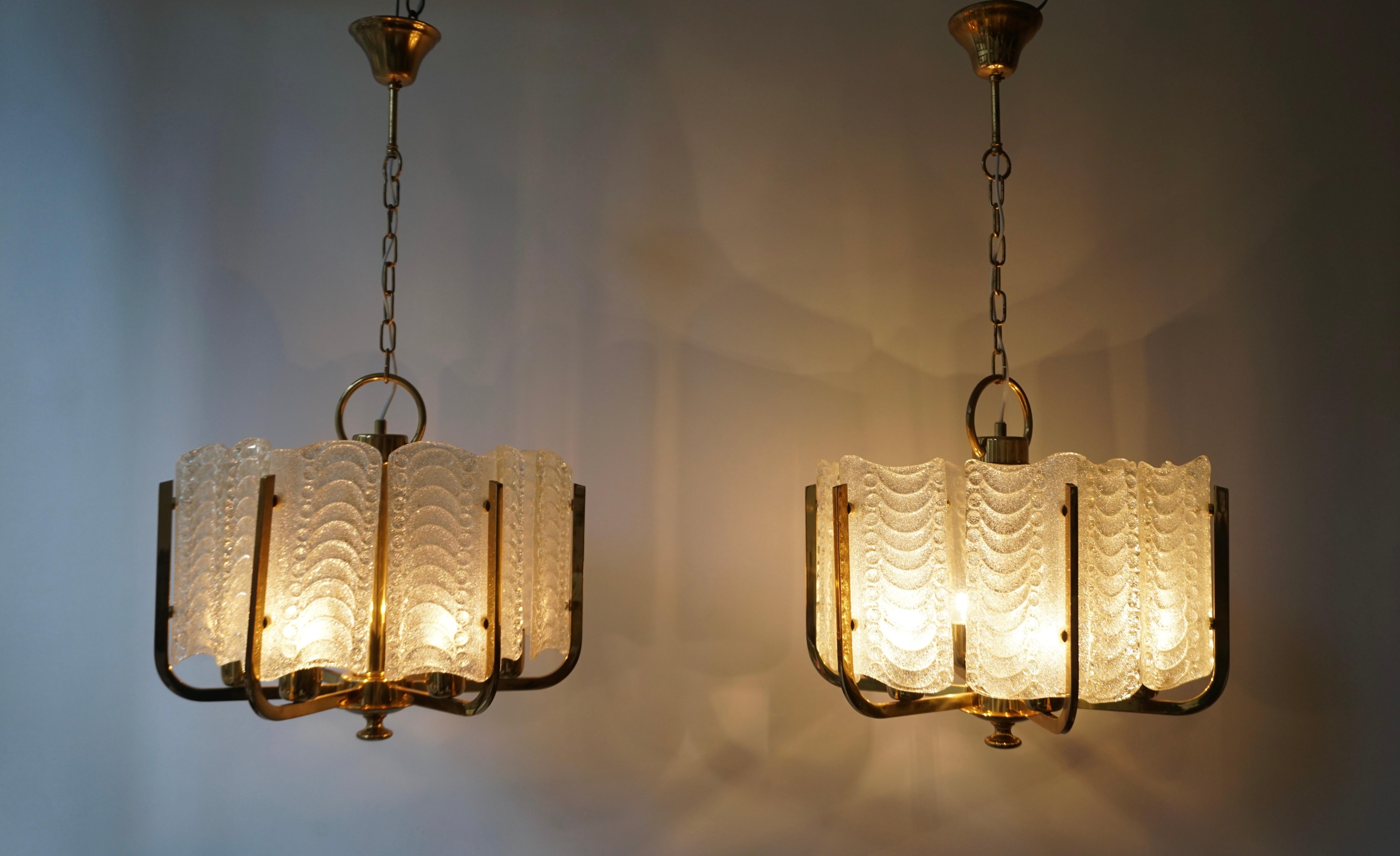 One Italian Golden Brass and Murano Glass Pendant Light For Sale 9