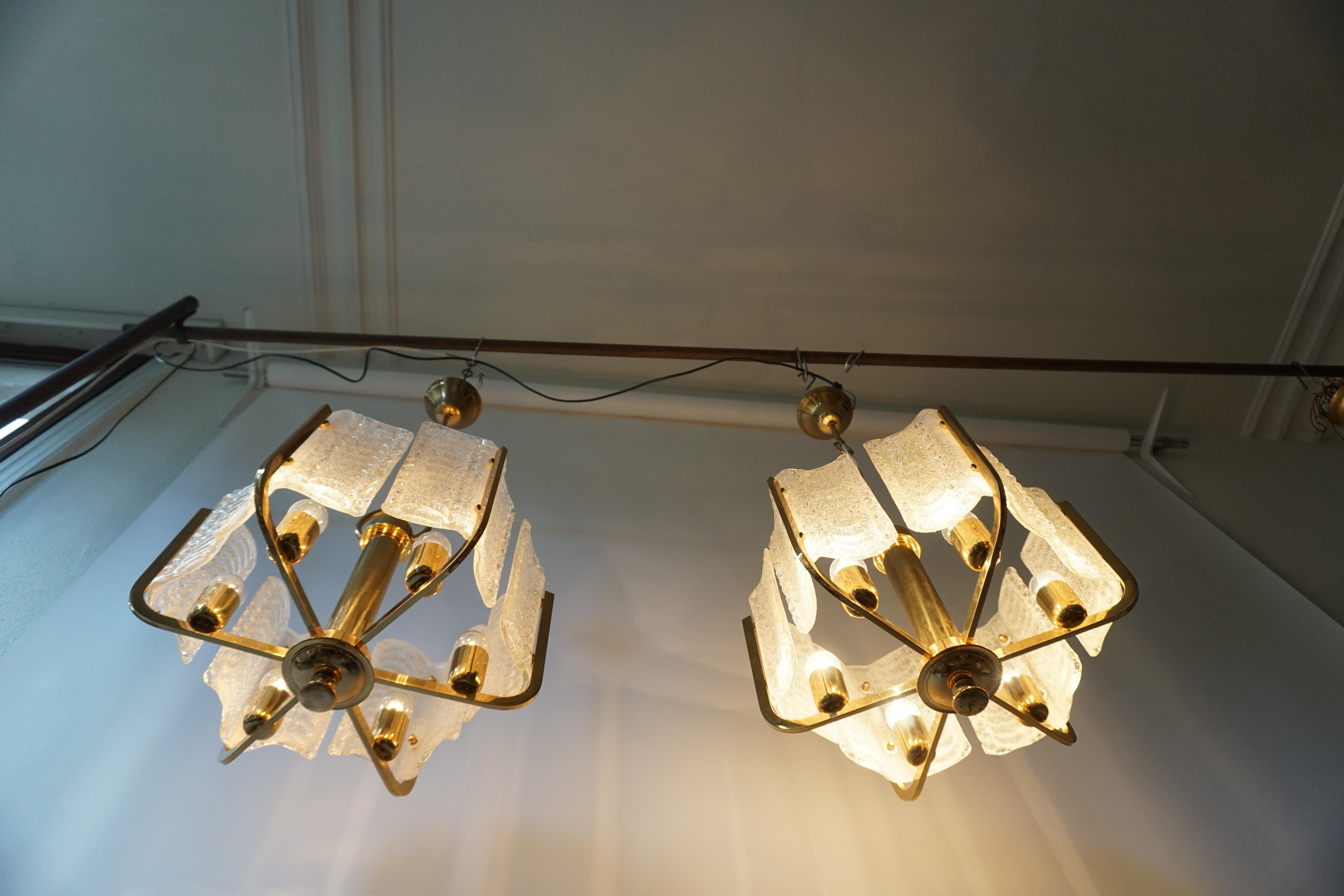 One Italian Golden Brass and Murano Glass Pendant Light For Sale 10