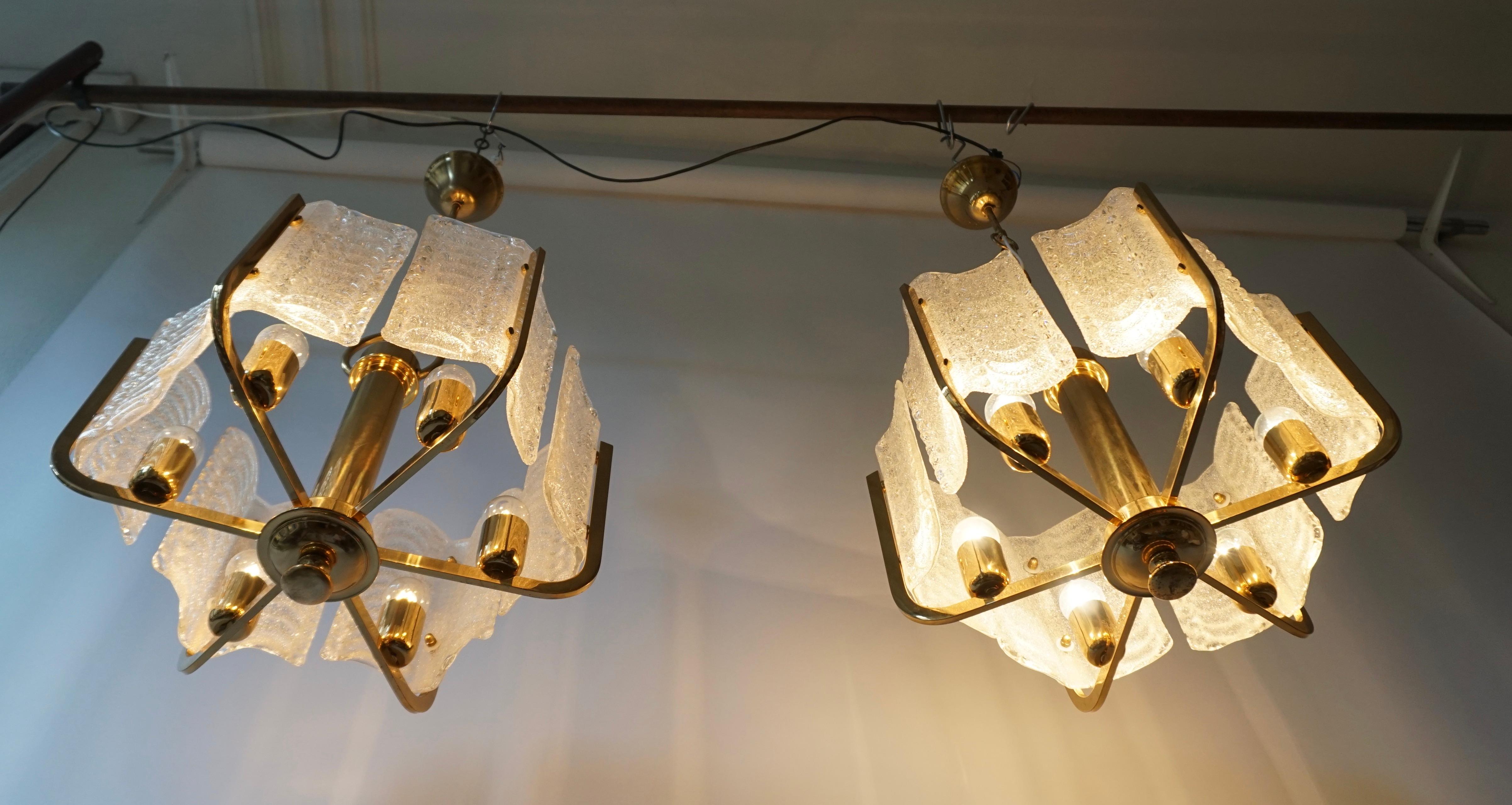 One Italian Golden Brass and Murano Glass Pendant Light For Sale 11