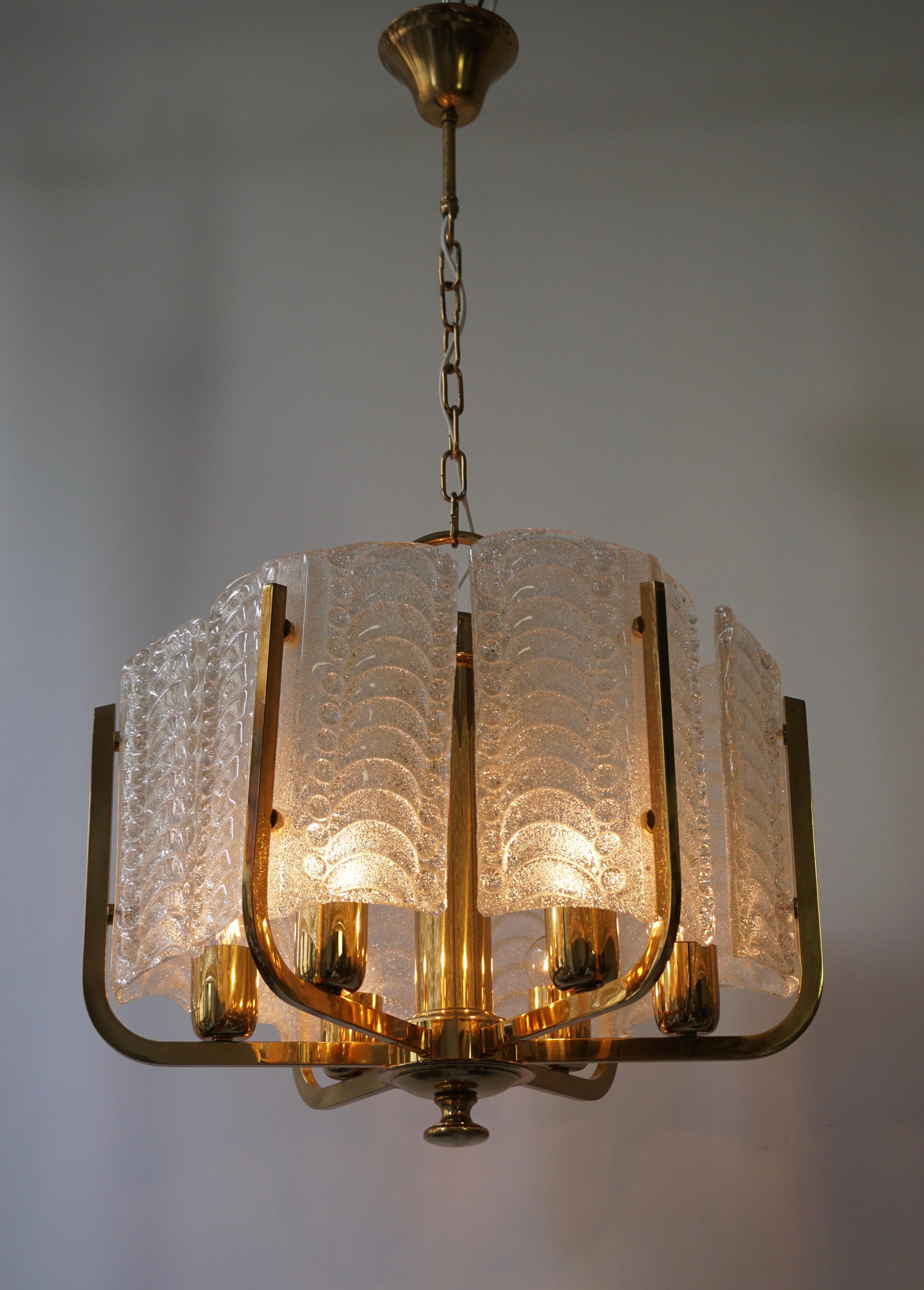 Hollywood Regency One Italian Golden Brass and Murano Glass Pendant Light For Sale