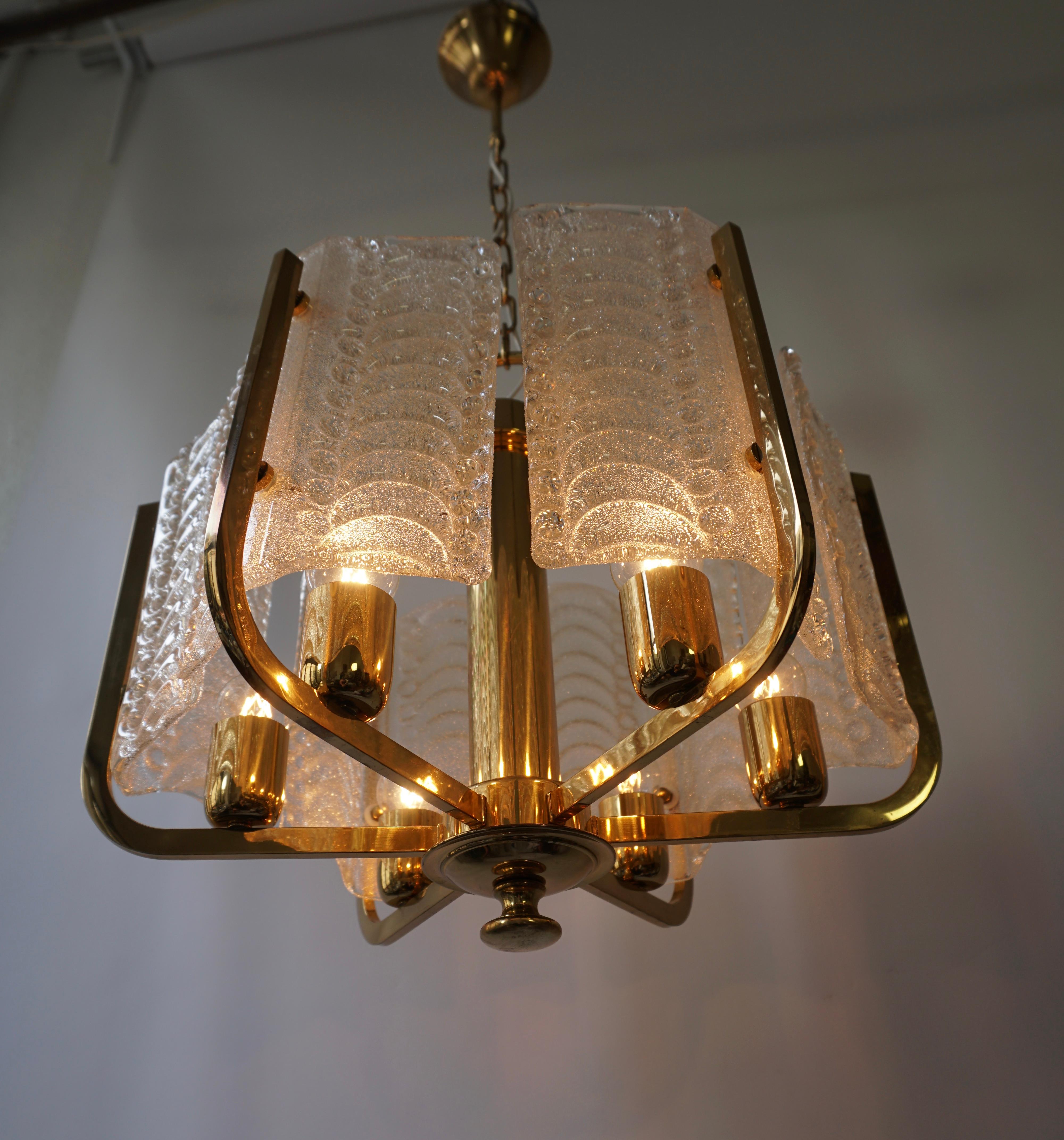 20th Century One Italian Golden Brass and Murano Glass Pendant Light For Sale
