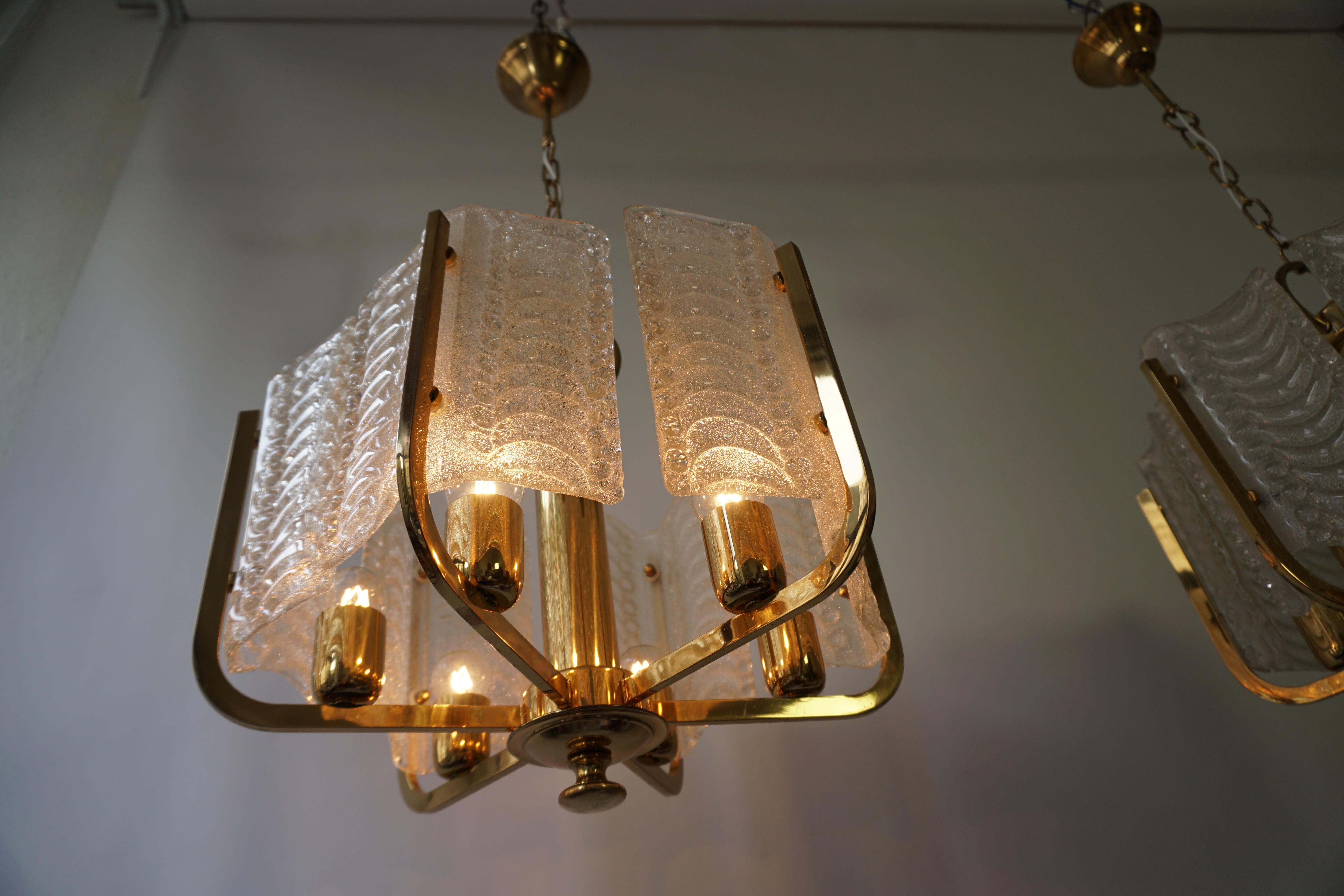 One Italian Golden Brass and Murano Glass Pendant Light For Sale 1