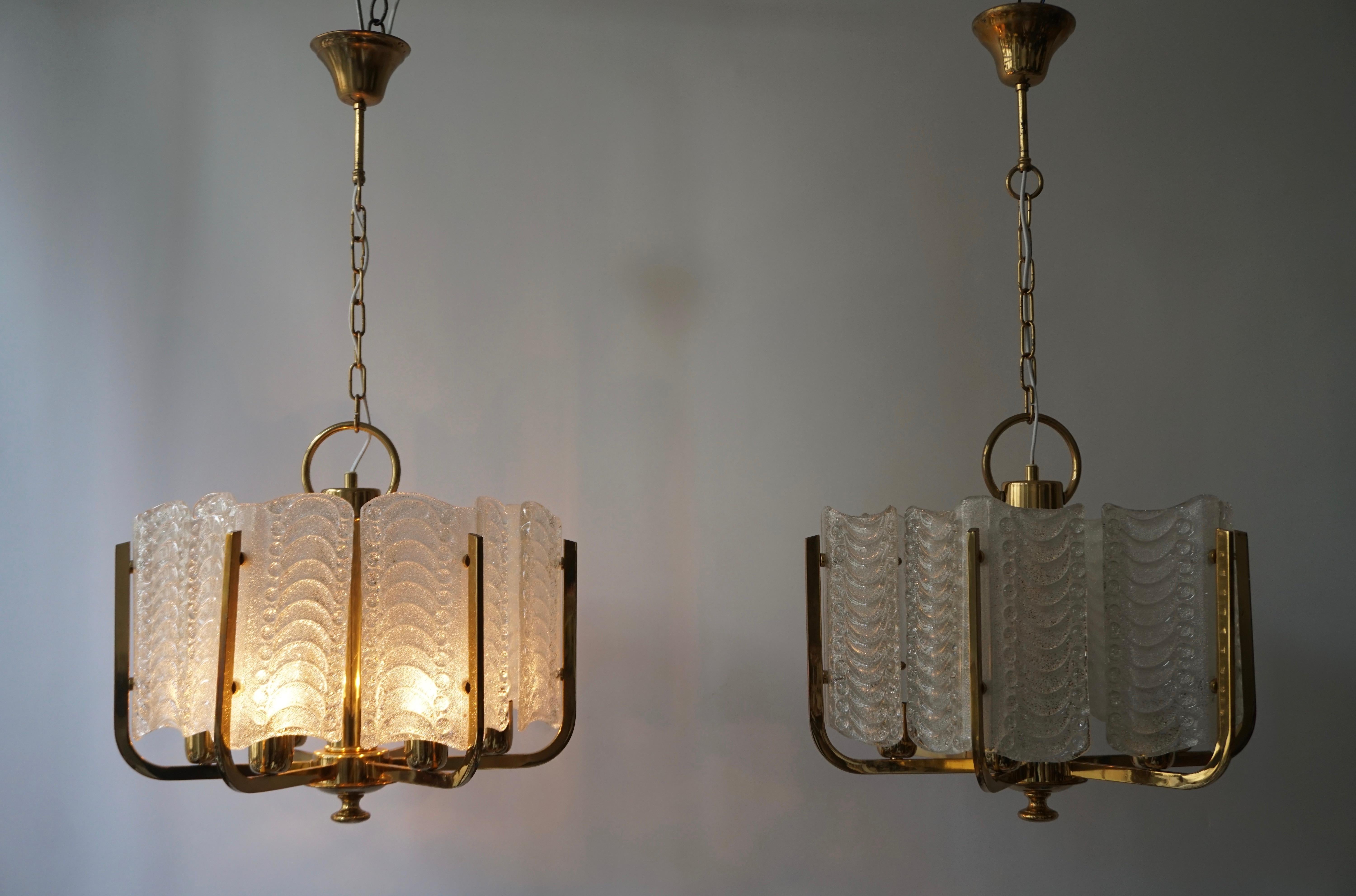 One Italian Golden Brass and Murano Glass Pendant Light For Sale 2