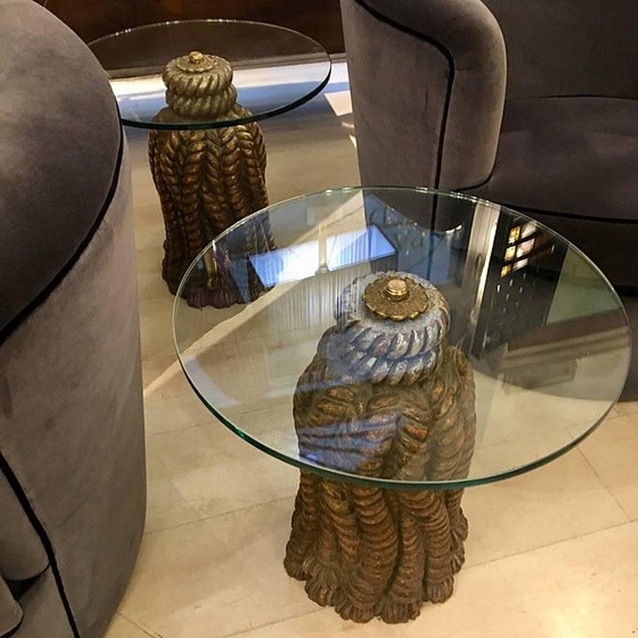 Mid-20th Century Pair of Italian Golden Carved Wood Tables Round with Crystal Top, 1950s