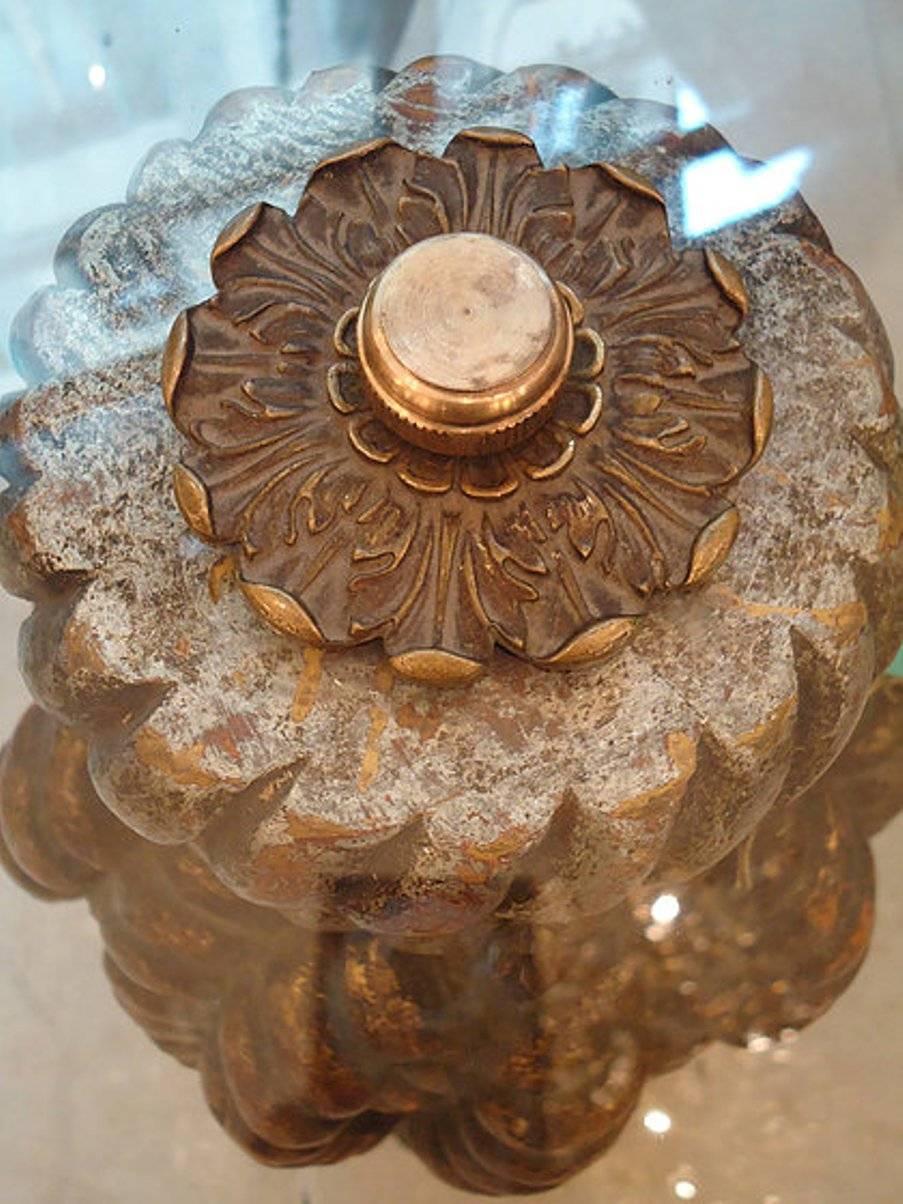 Pair of Italian Golden Carved Wood Tables Round with Crystal Top, 1950s 1