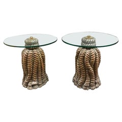 Pair of Italian Golden Carved Wood Tables Round with Crystal Top, 1950s