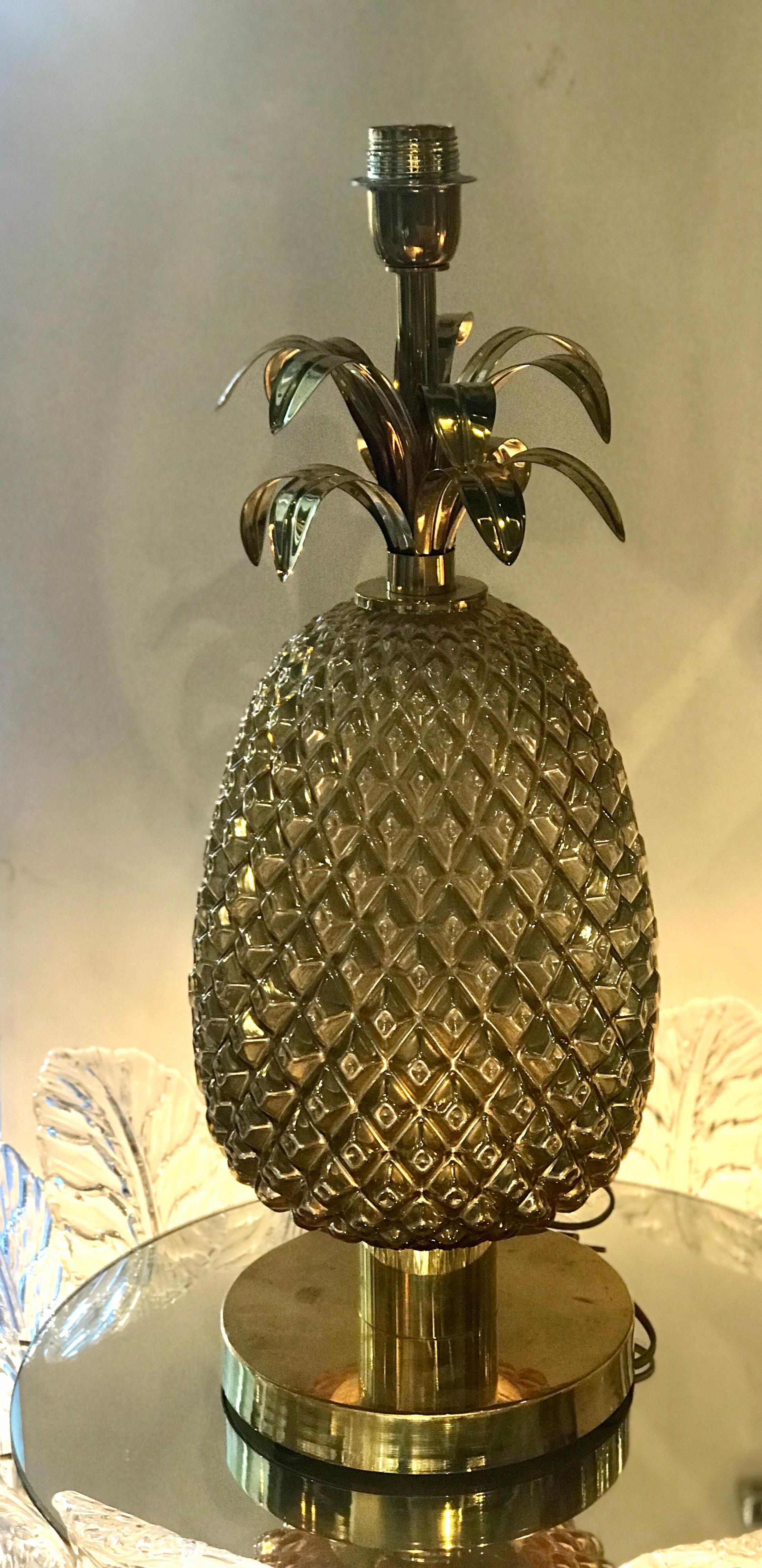 Pair of Italian Golden Glass and Brass Pineapple Table Lamps For Sale 4