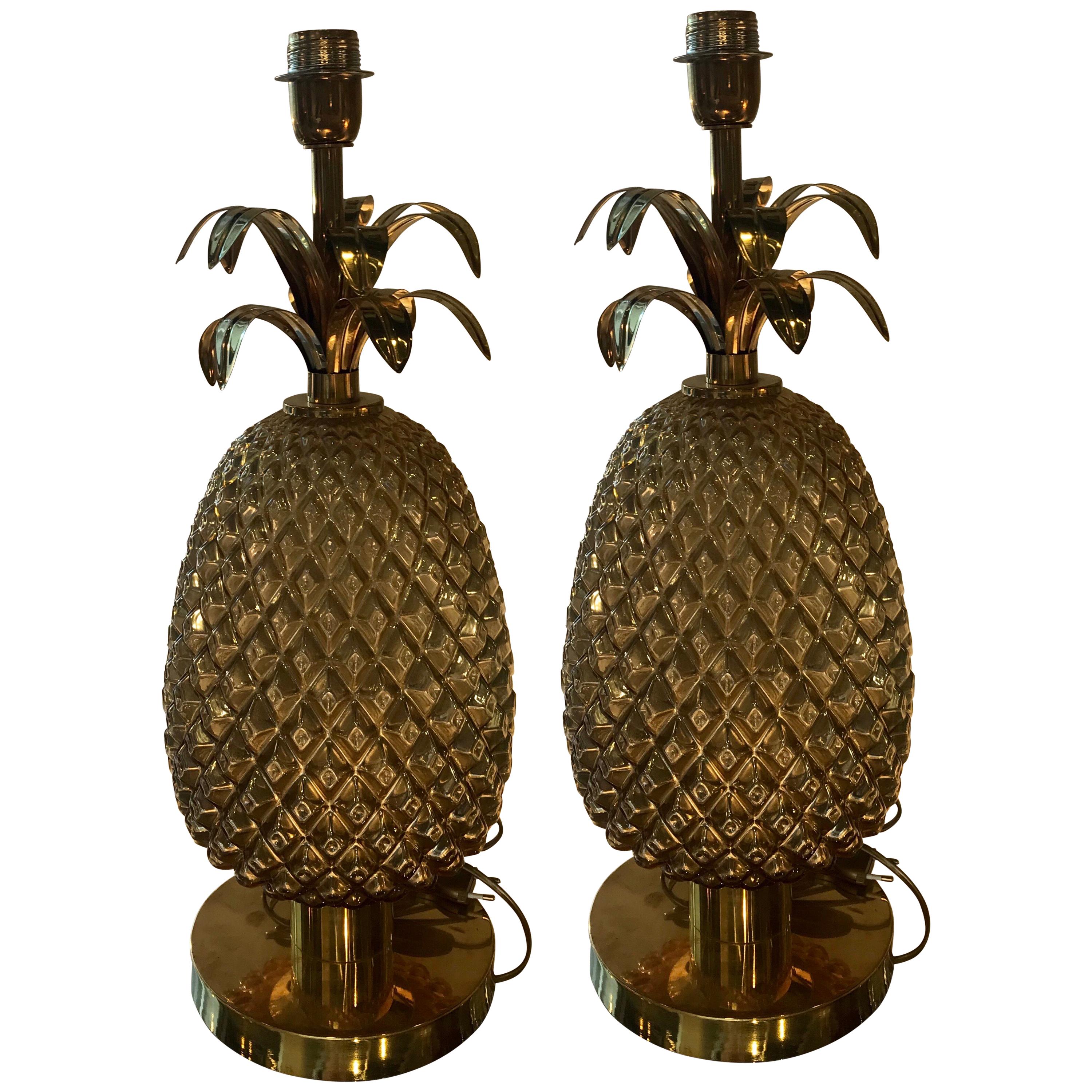 Pair of Italian Golden Glass and Brass Pineapple Table Lamps For Sale