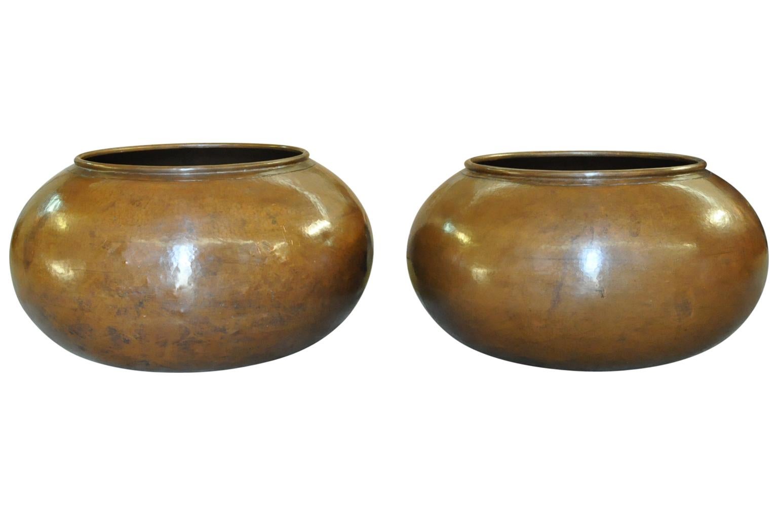 A sensational very large early 20th century pair of copper pots, jardinière, from Northern Italy. Wonderful interior or exterior elements. The sizes vary slightly. The larger pot measures: 21 1/4