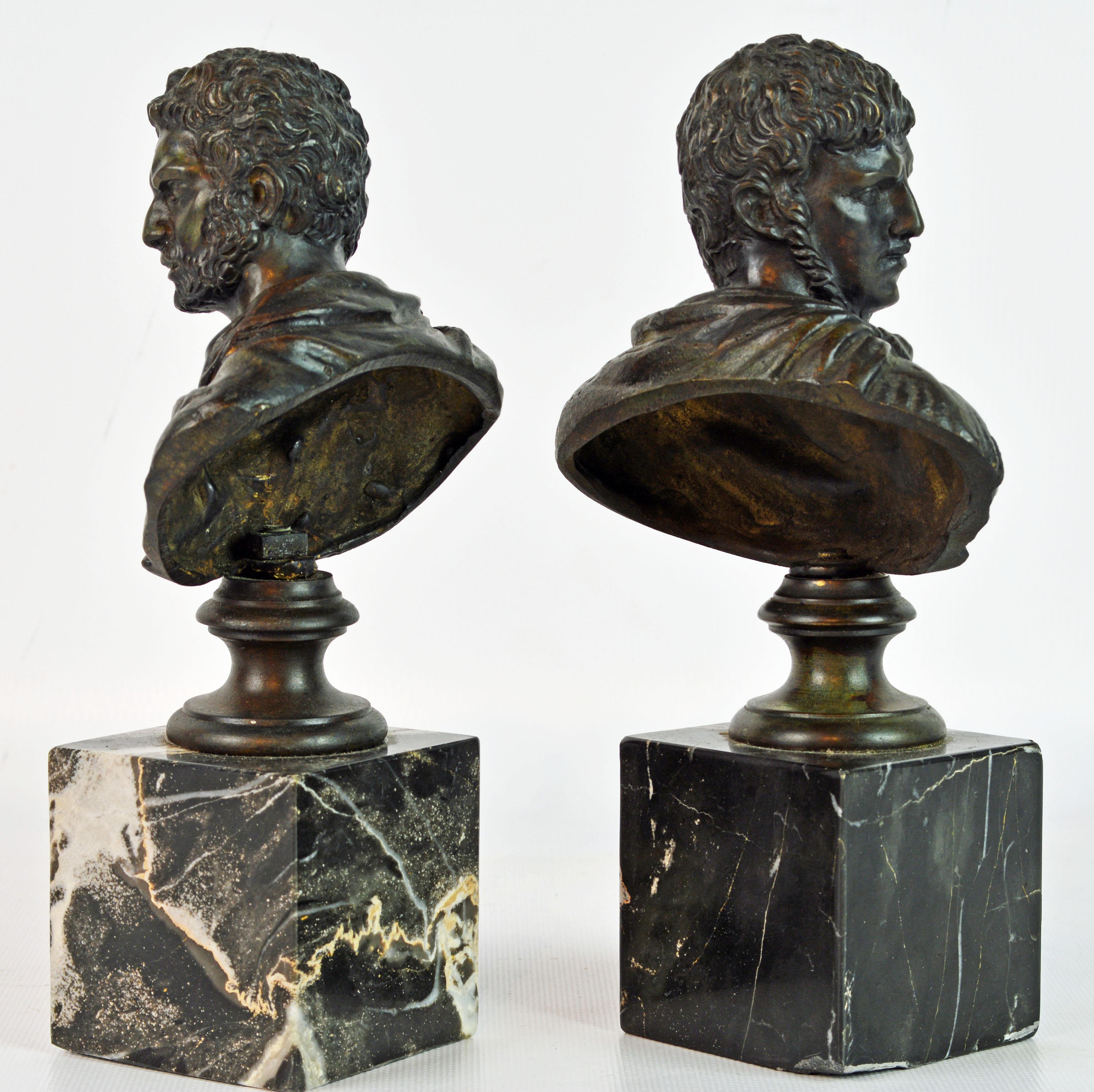 Patinated Pair of Italian Grand Tour Bronze Busts of the Roman Emperors Caligula and Nero