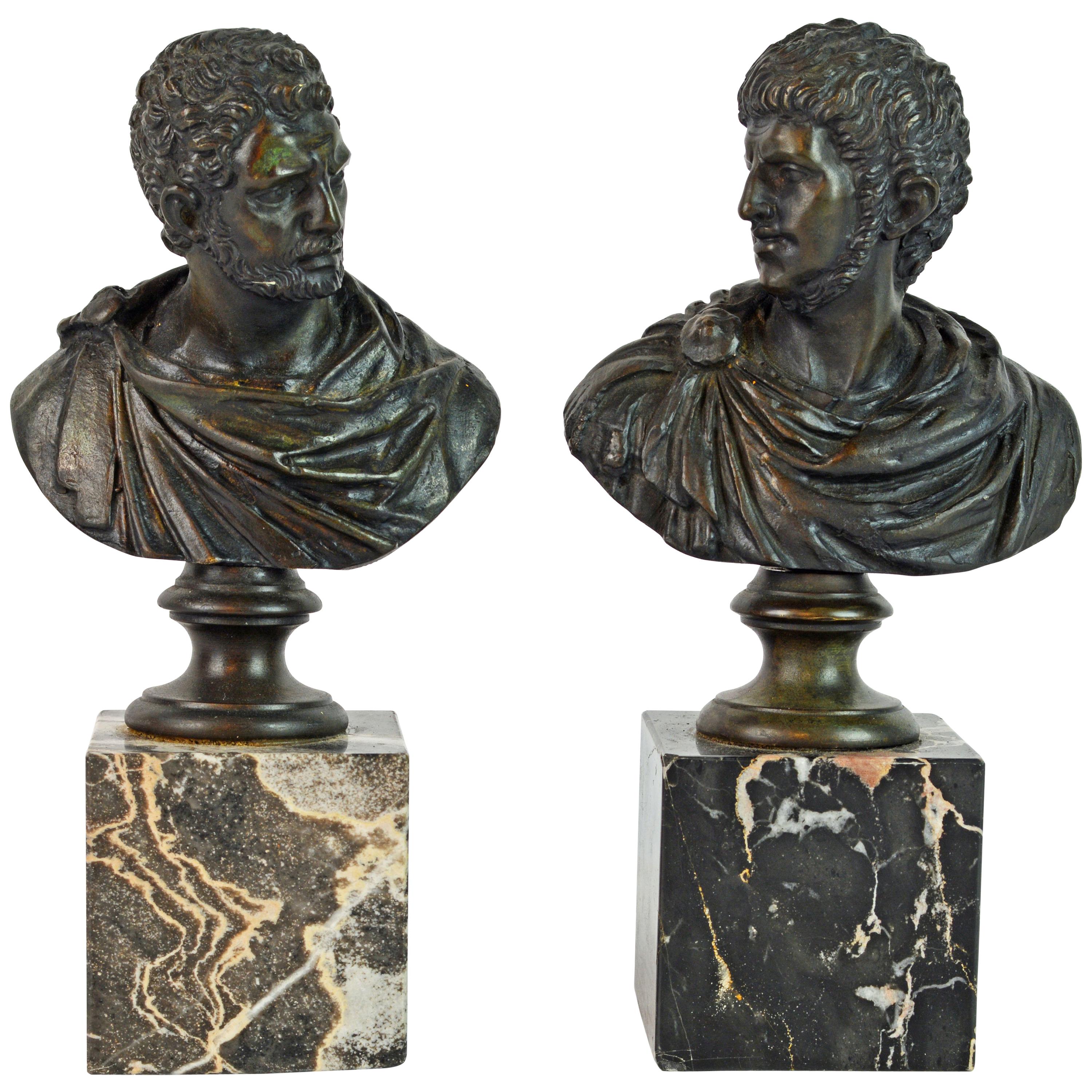 Pair of Italian Grand Tour Bronze Busts of the Roman Emperors Caligula and Nero