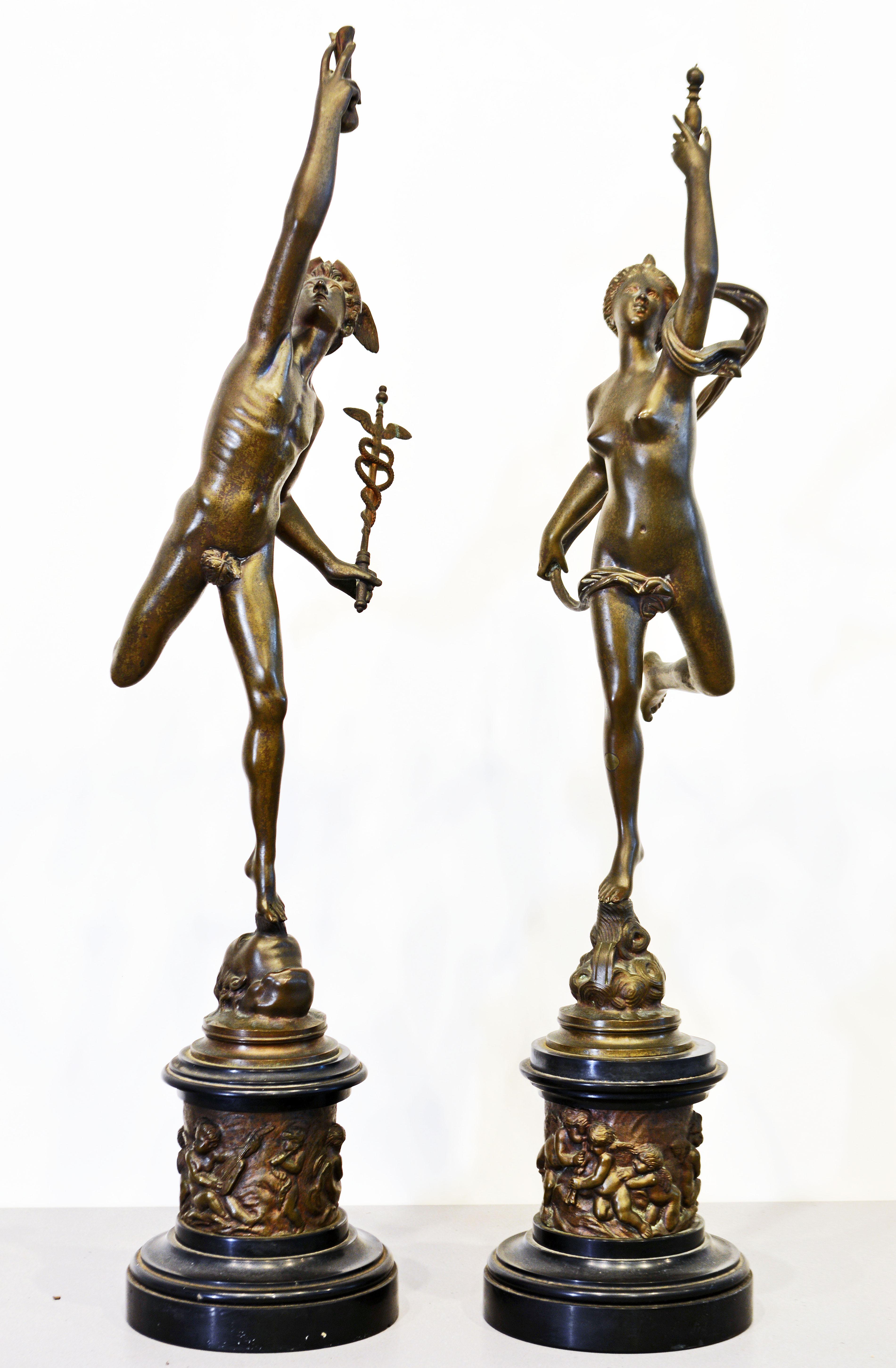A pair of late 19th century Italian Grand Tour’ bronzes after Giambologna (1529-1608) The figure of Mercury depicted with winged feet & helmet, holding a Caduceus in hand, Fortuna wrapped in flowing robes. Mercury raised on a blowing Zephyr, Fortuna