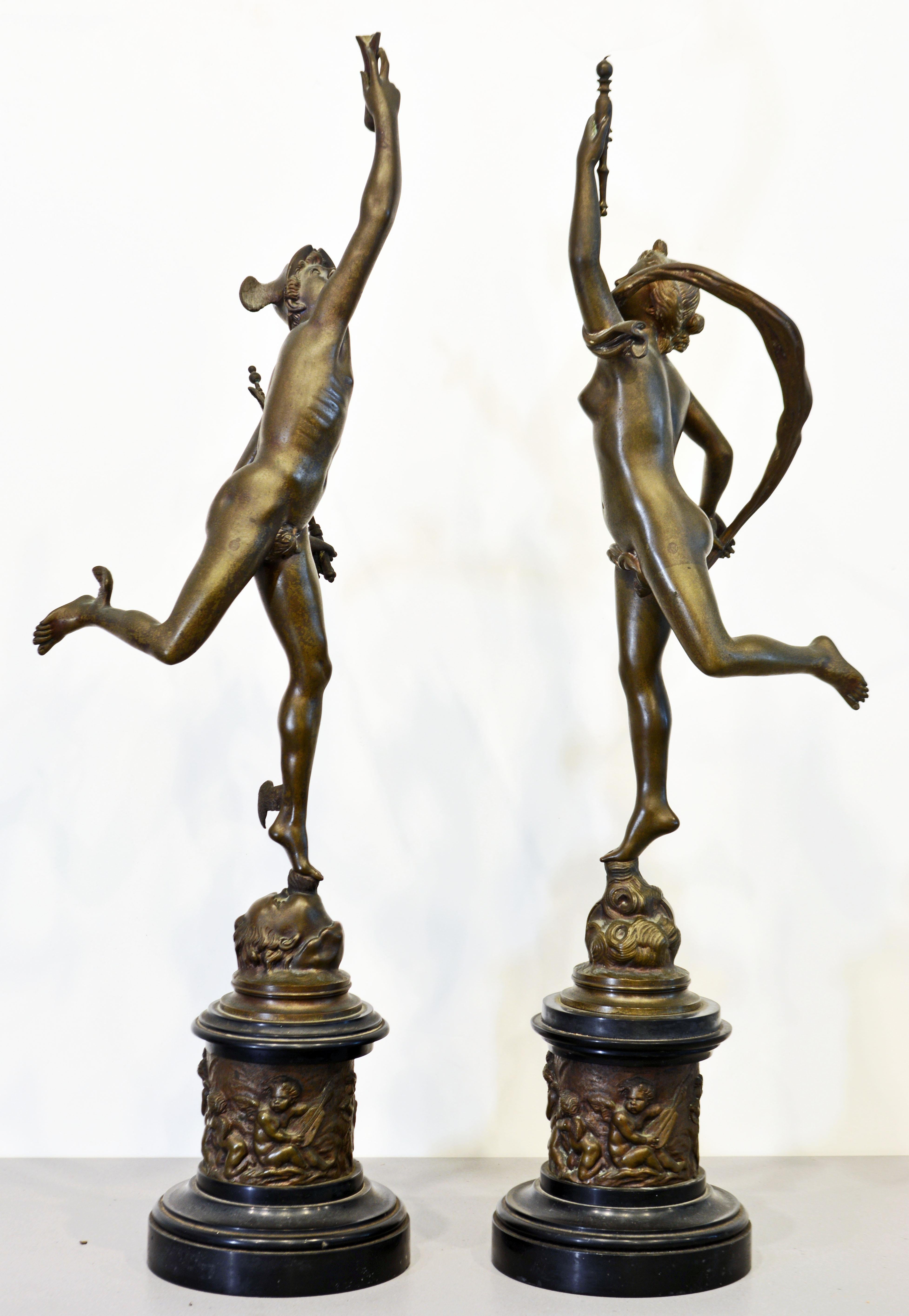 Patinated Pair of Italian Grand Tour Bronze Figures of Mercury and Fortuna, 19th Century