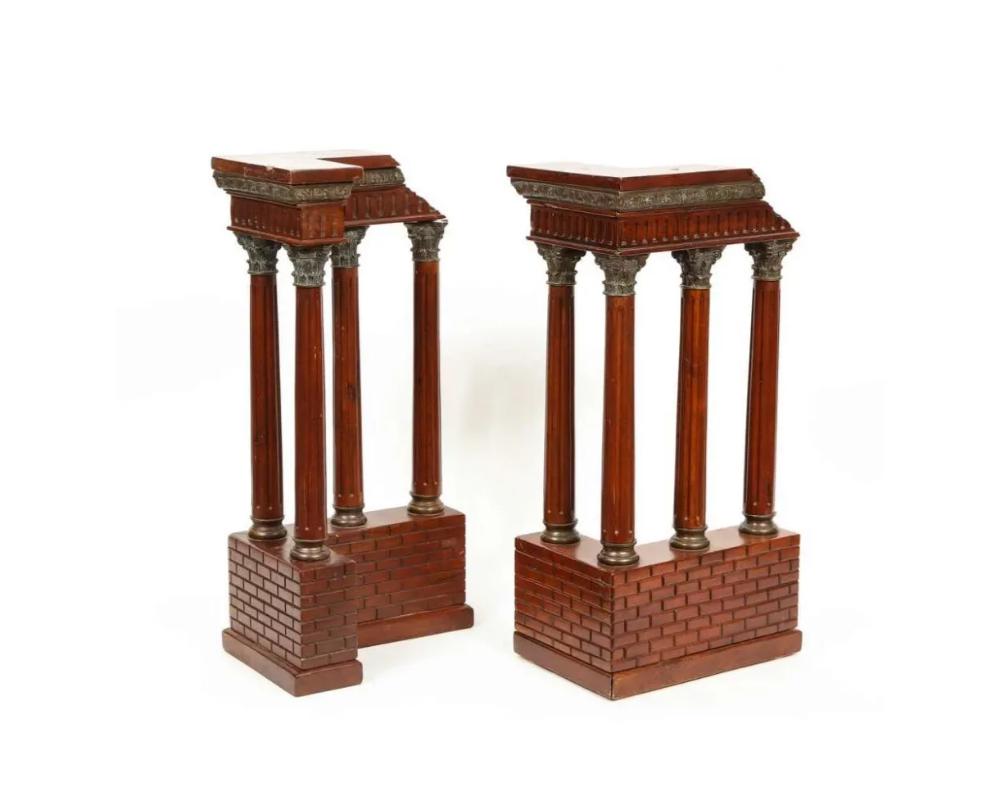 Pair of Italian Grand Tour Mahogany Wood & Bronze Roman Ruins Neoclassical Model In Good Condition For Sale In New York, NY