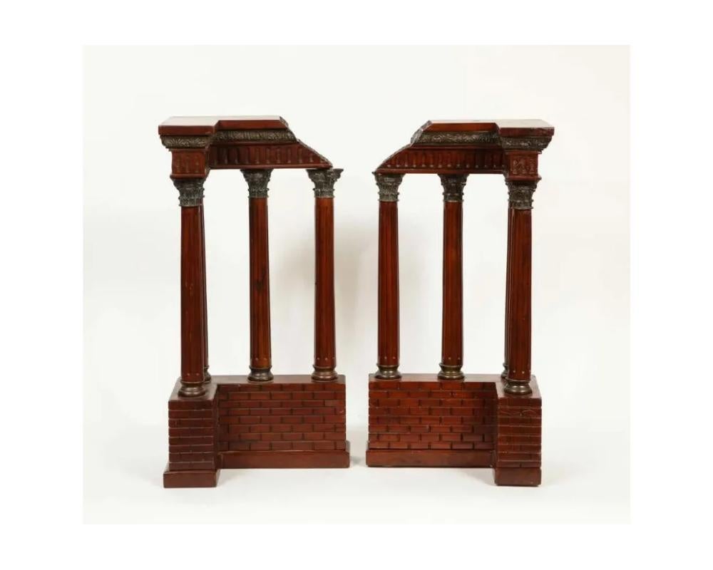 19th Century Pair of Italian Grand Tour Mahogany Wood & Bronze Roman Ruins Neoclassical Model For Sale